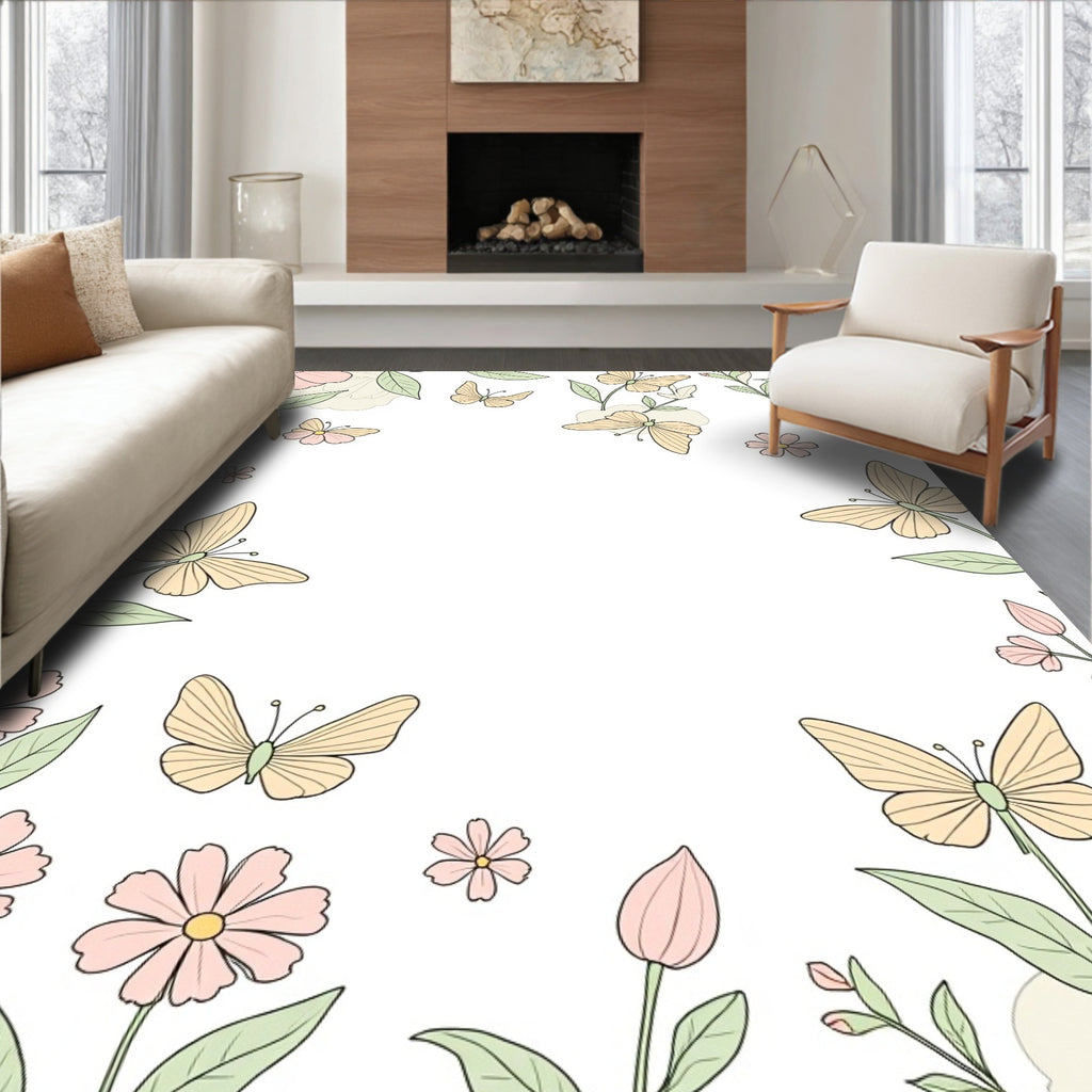 Pastel Butterflies Floral Garden Pattern Rug
