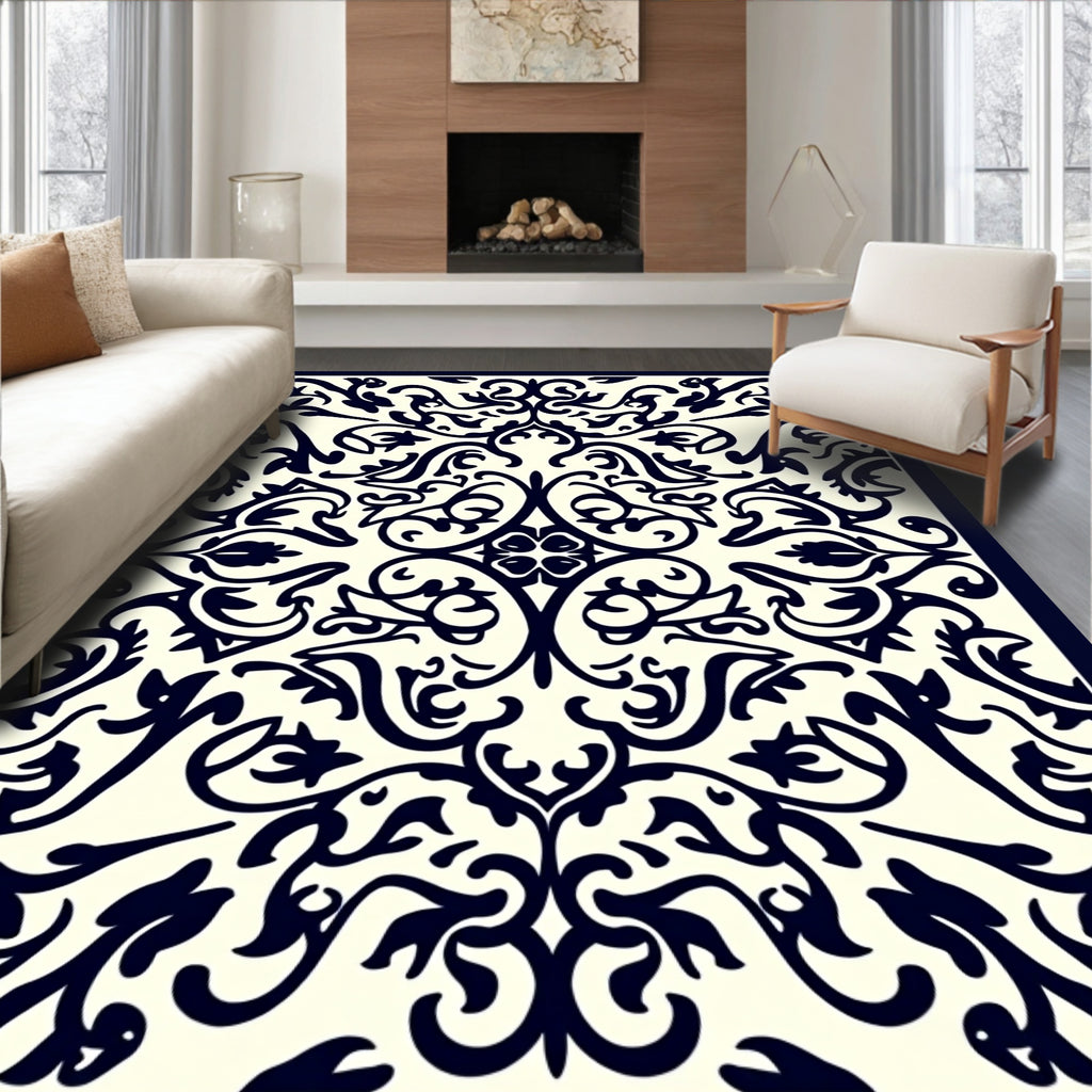 Navy Ivory Ornate Floral Vine Pattern Rug