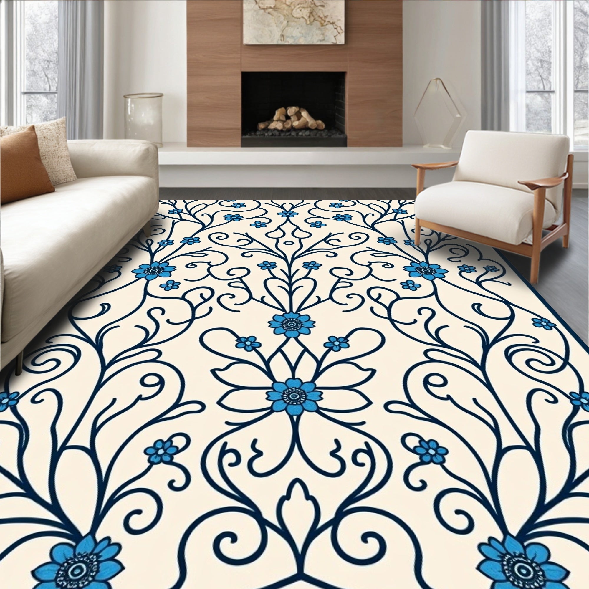 Classic Floral Vines Blue Pattern Rug