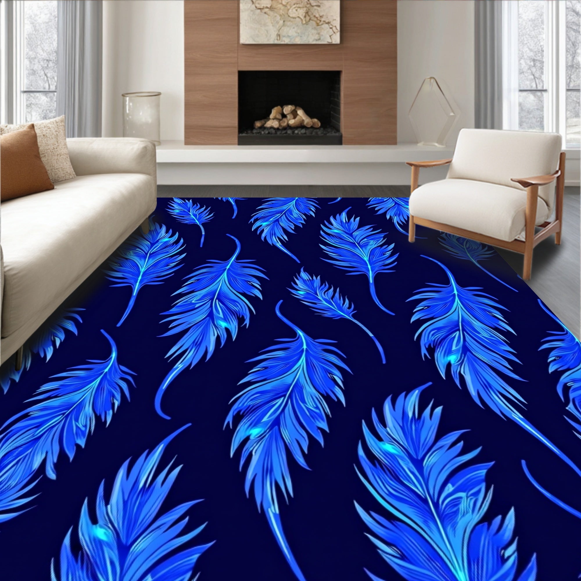 Electric Blue Feather Pattern Rug