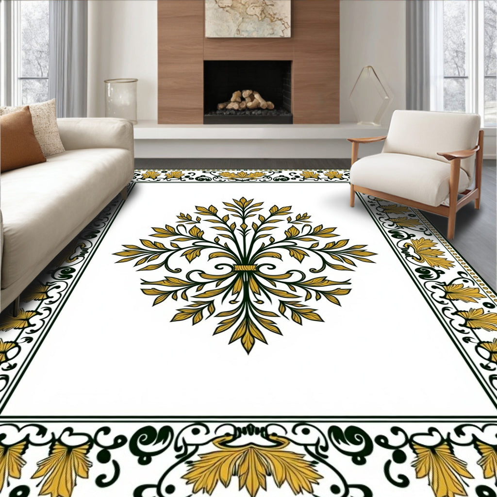 Golden Green Classical Floral Border Rug