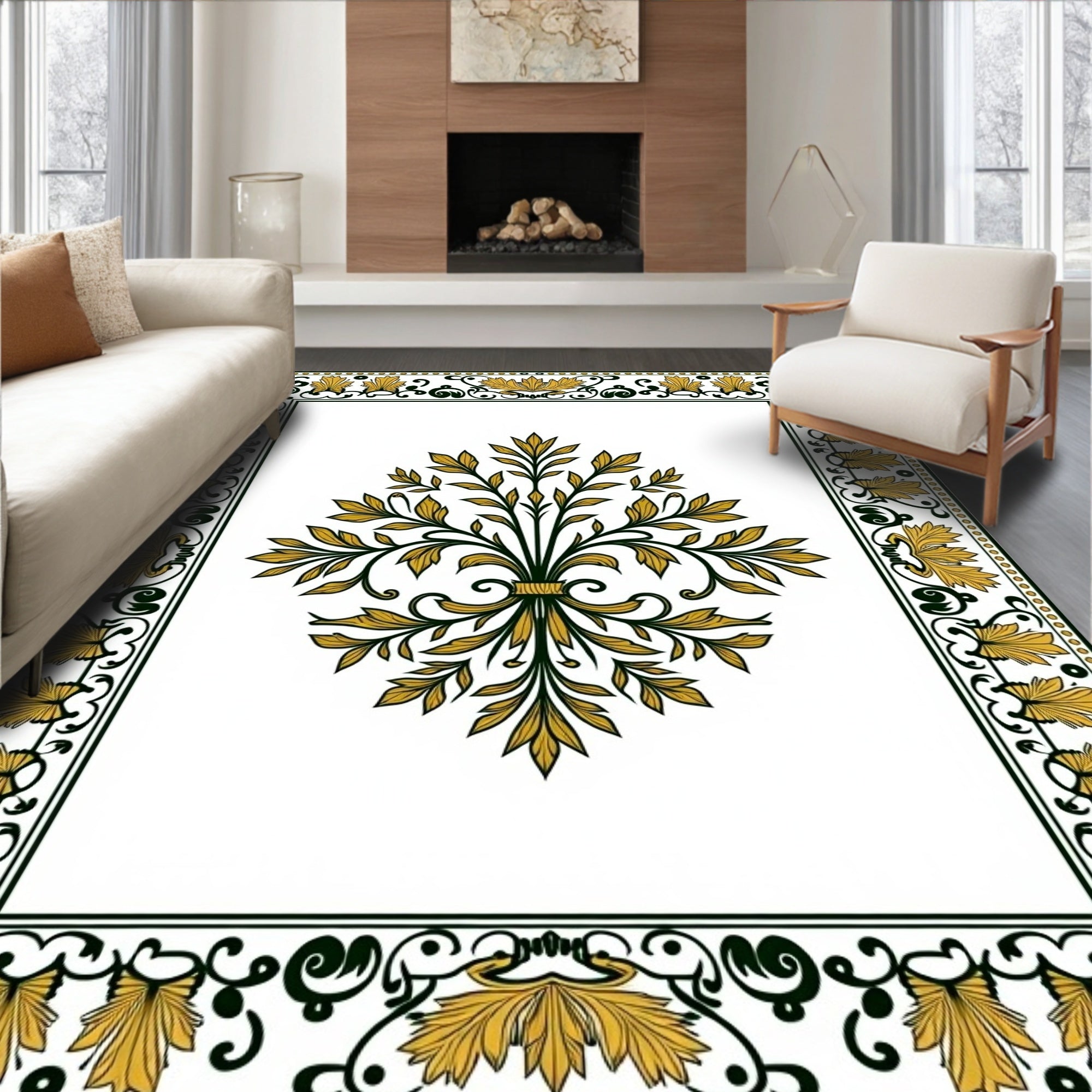 Golden Green Classical Floral Border Rug