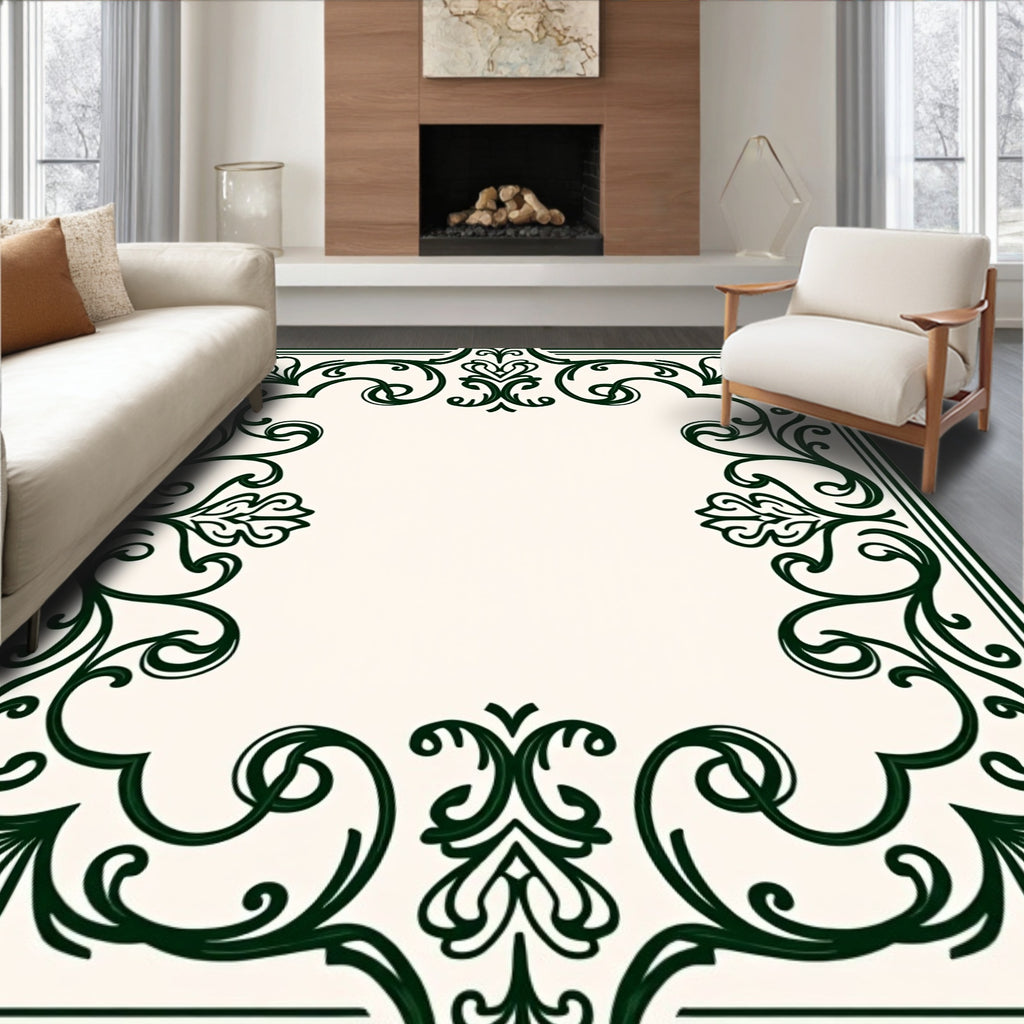 Elegant Green Scrollwork Frame Rug