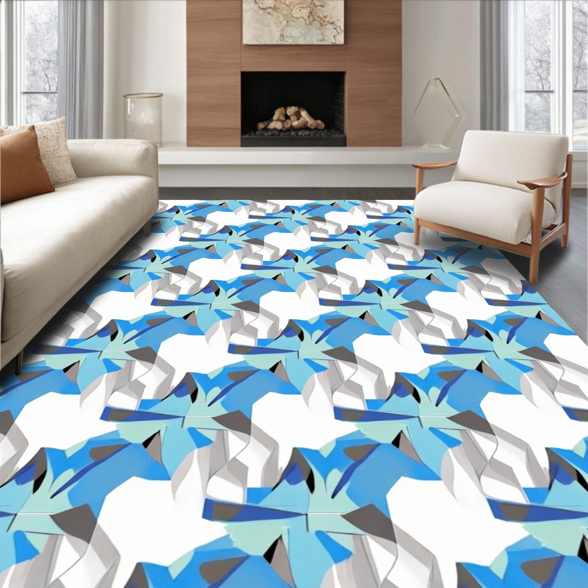 Abstract Blue Geometric Shape Pattern Rug