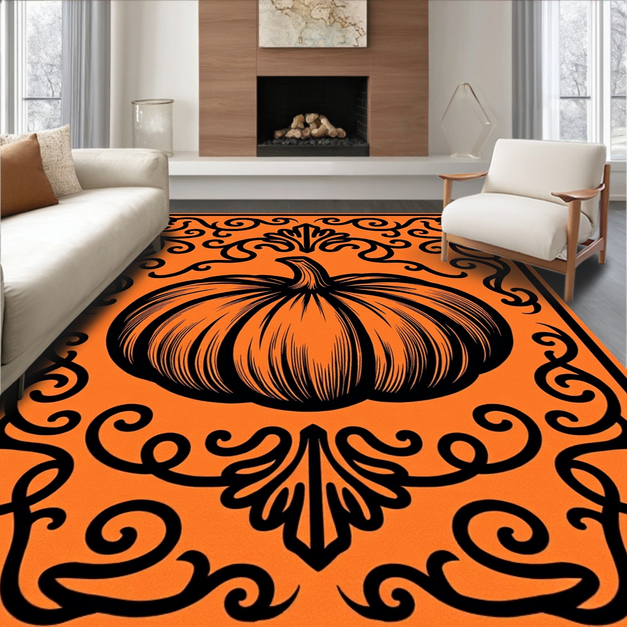 Pumpkin Vine Scrollwork Art Design Rug