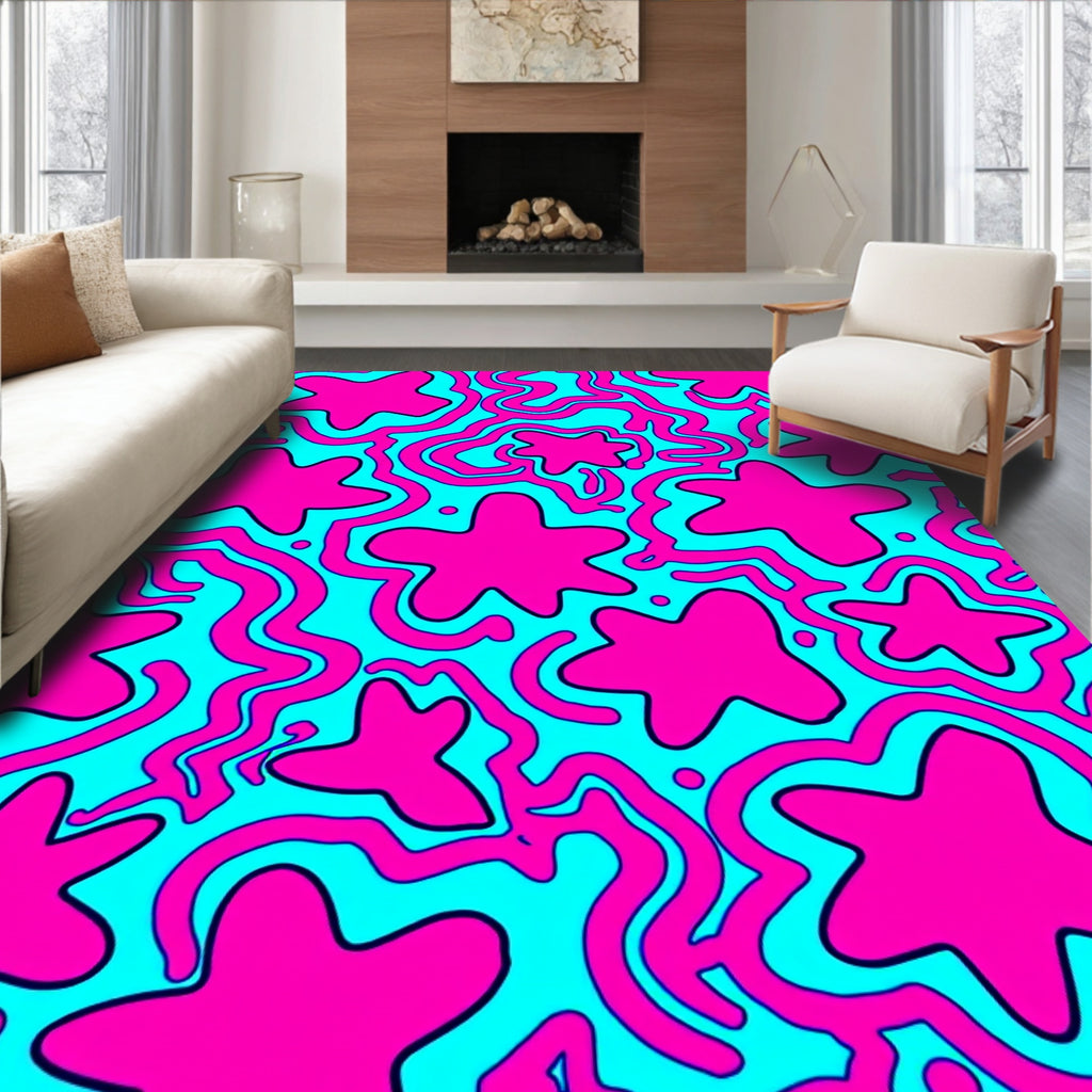 Abstract Pink Star Shapes Wavy Lines Rug