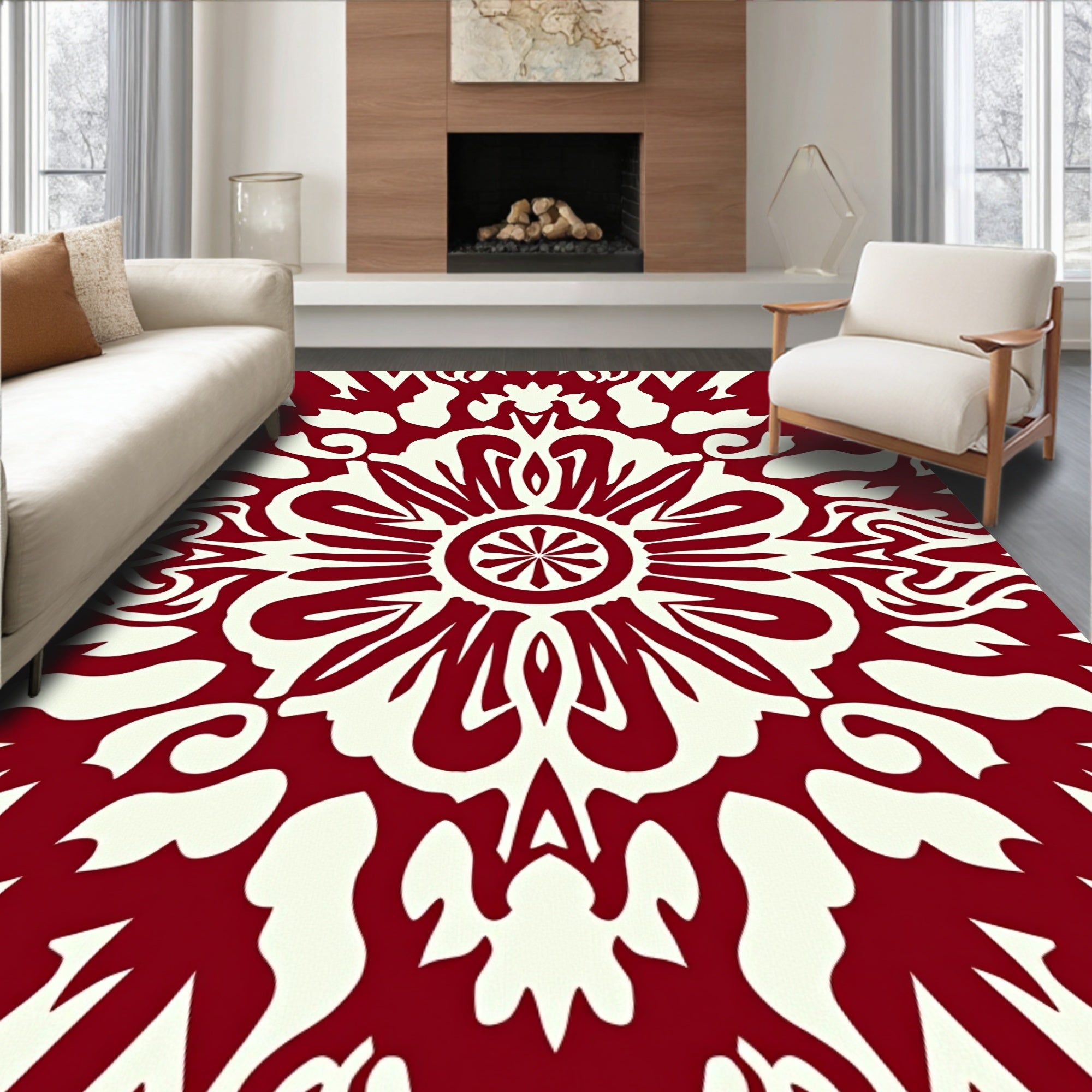 Bold Red Cream Mandala Pattern Rug