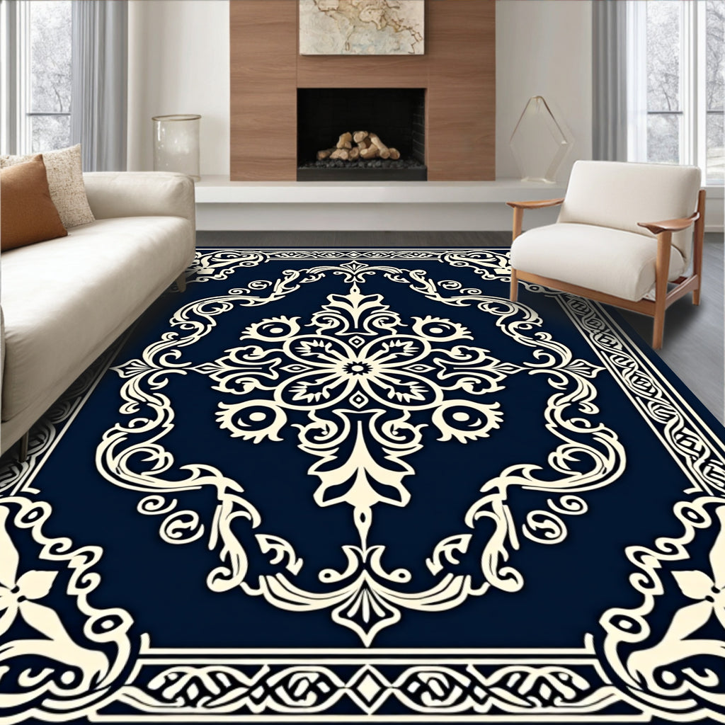 Classic Floral Medallion Navy Cream Rug