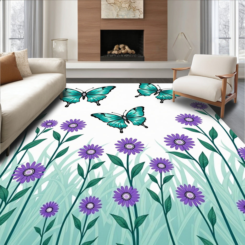 Turquoise Butterflies Purple Flowers Garden Rug