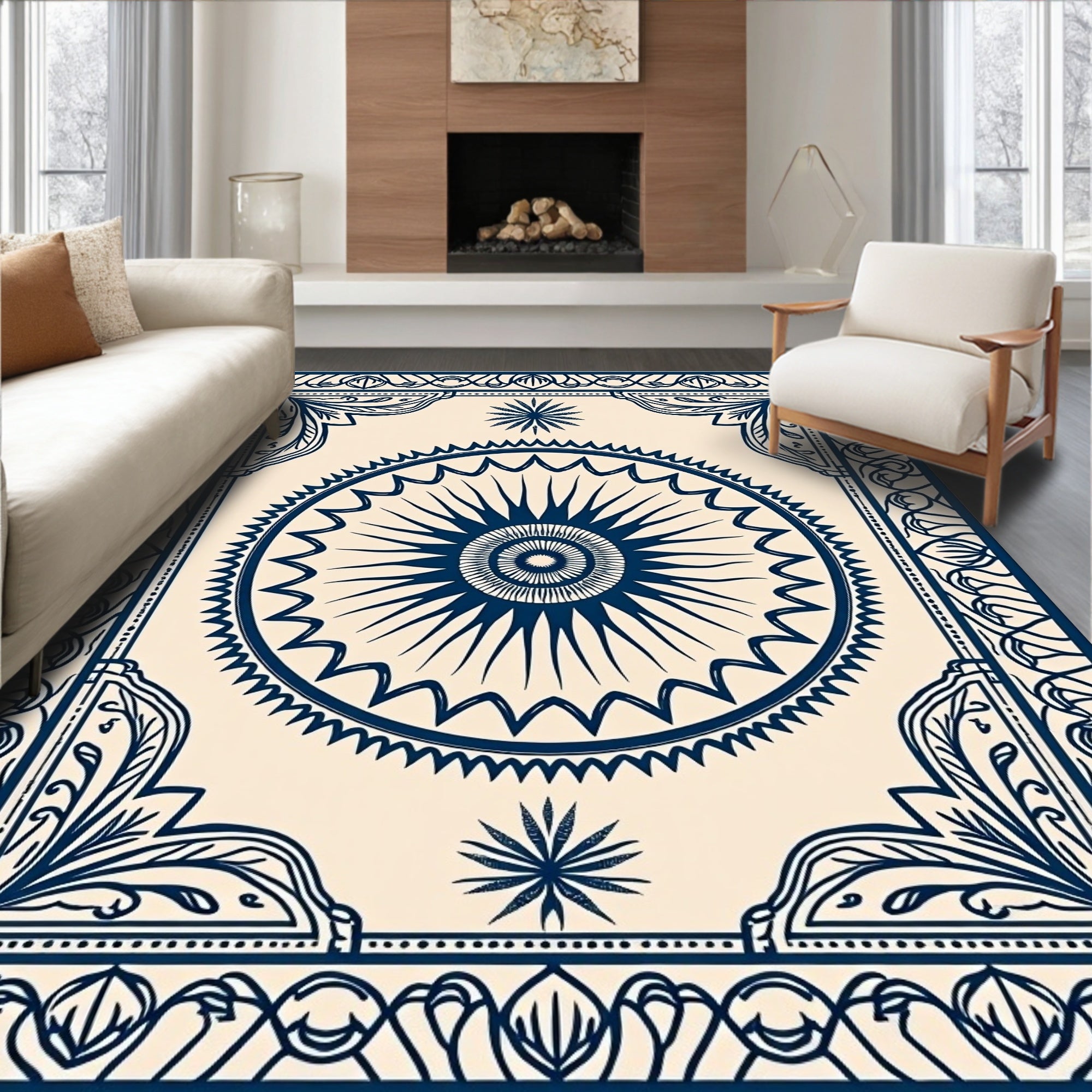 Navy and Cream Sunburst Medallion Rug