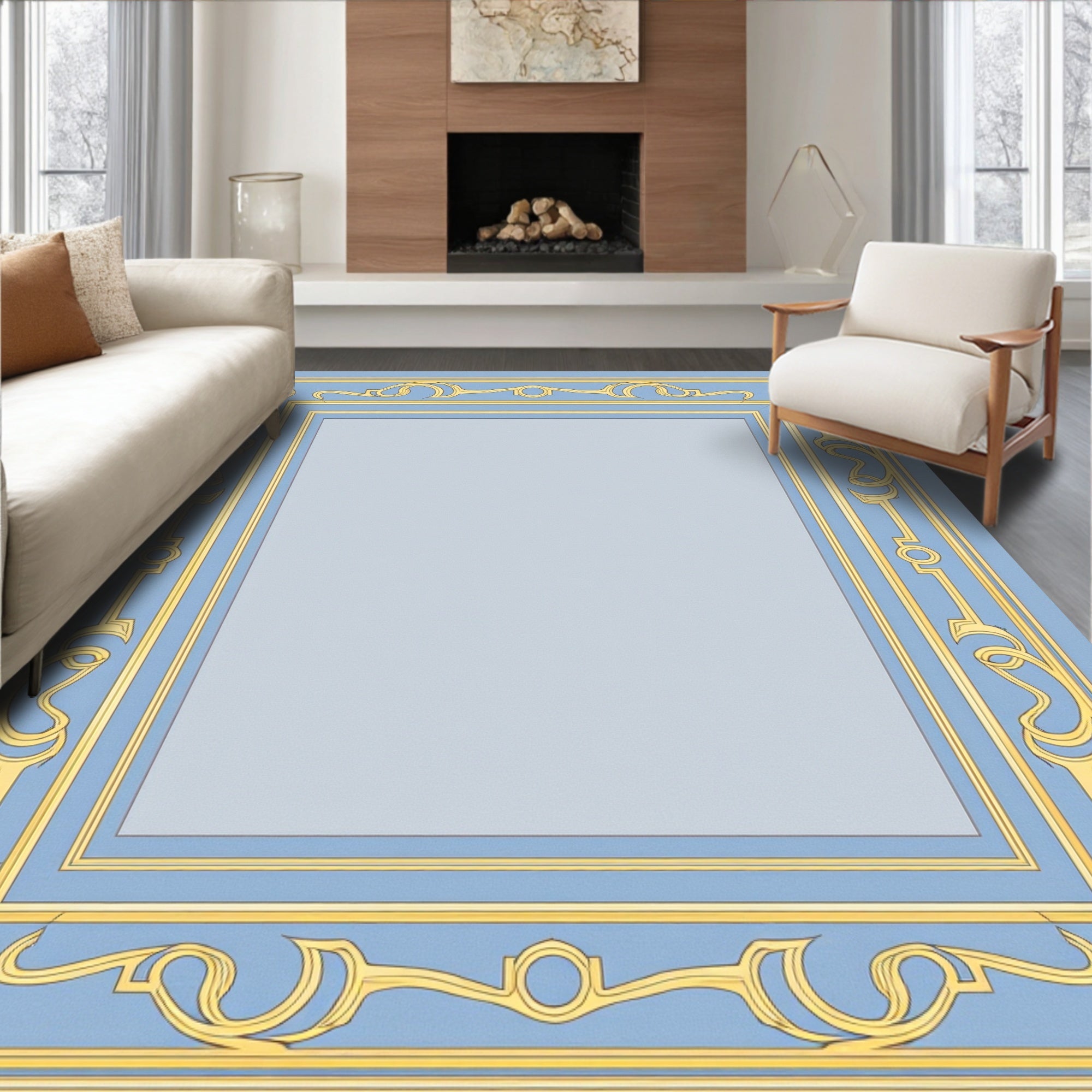 Ornate Gold Blue Art Style Rug