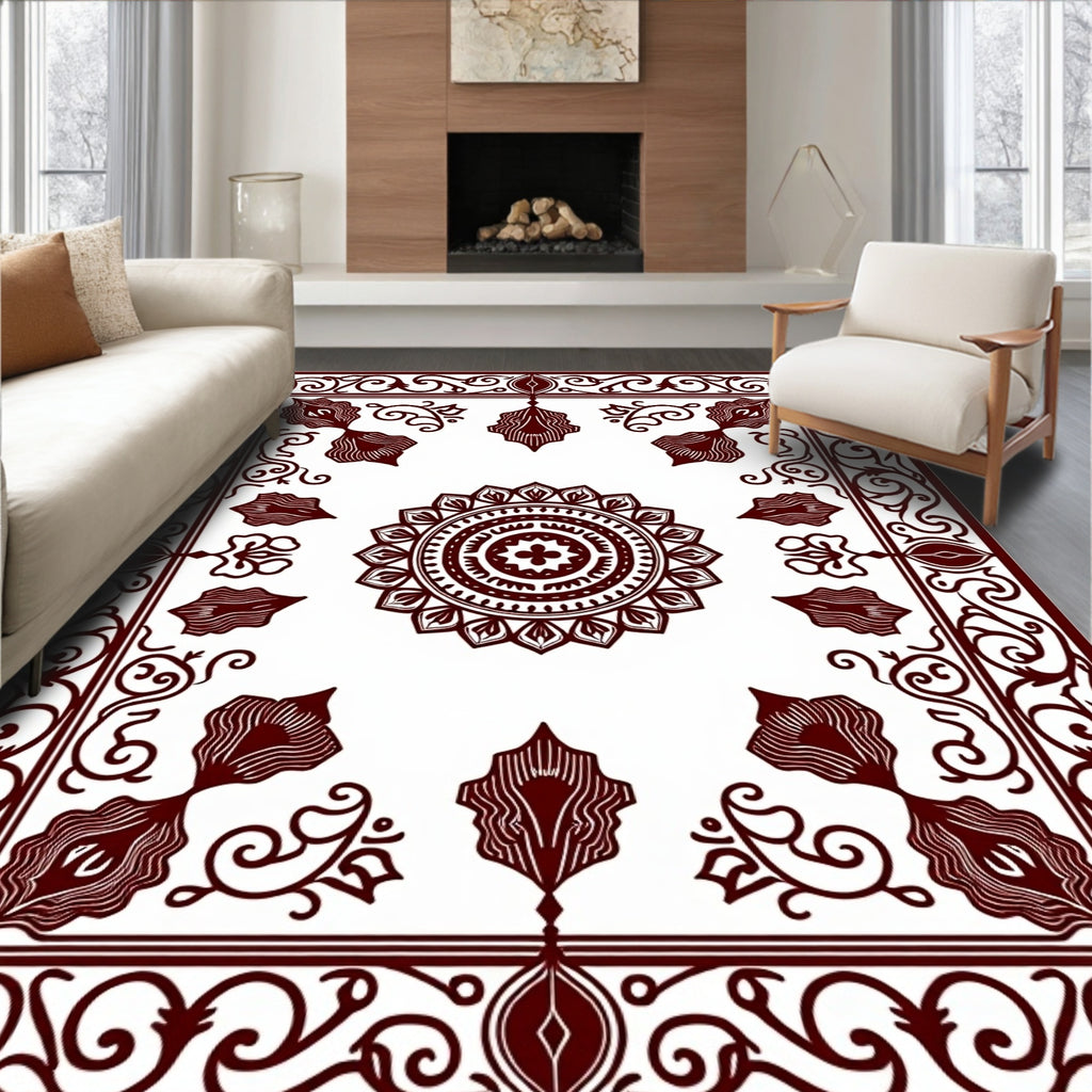 Elegant Maroon Floral Mandala Design Rug