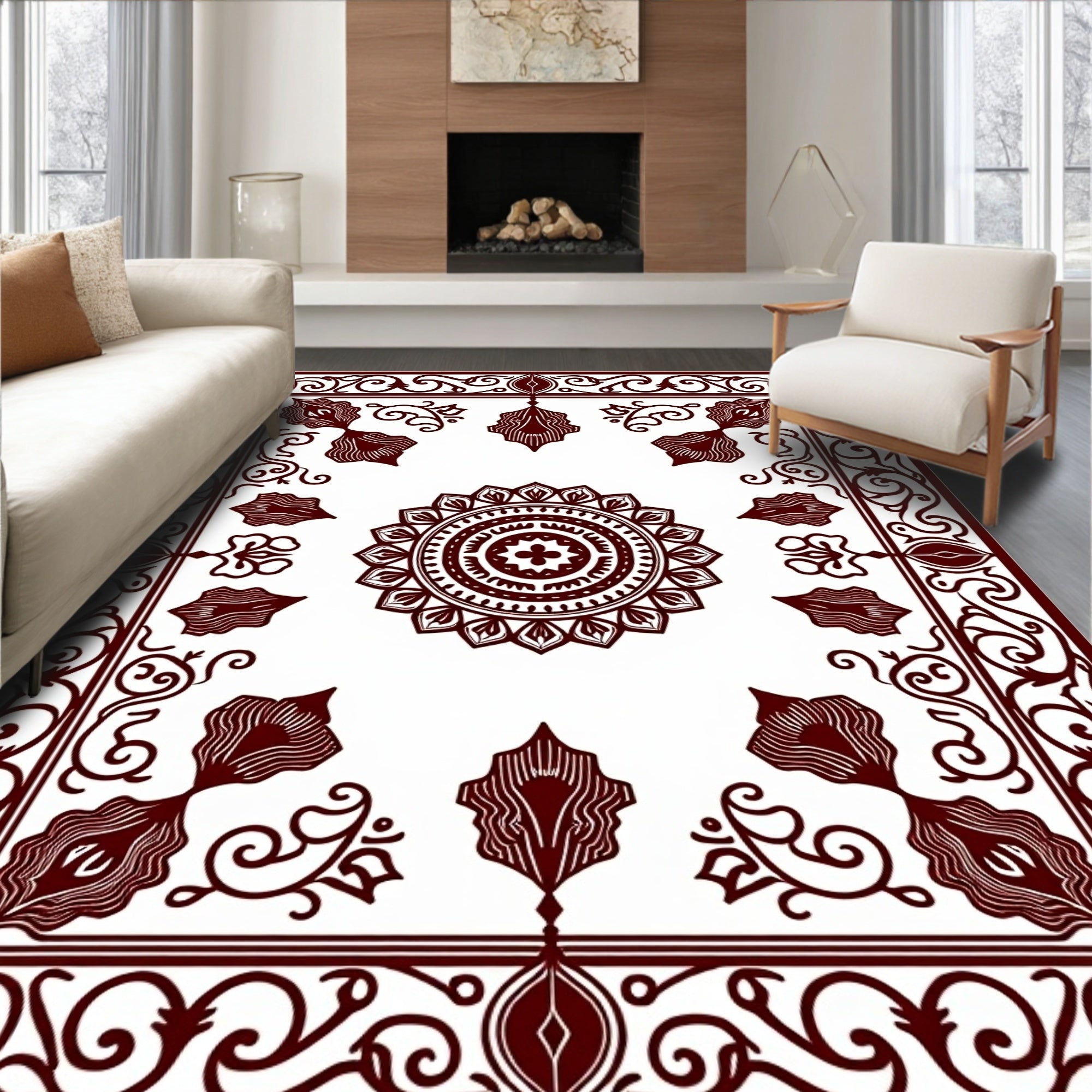 Elegant Maroon Floral Mandala Design Rug