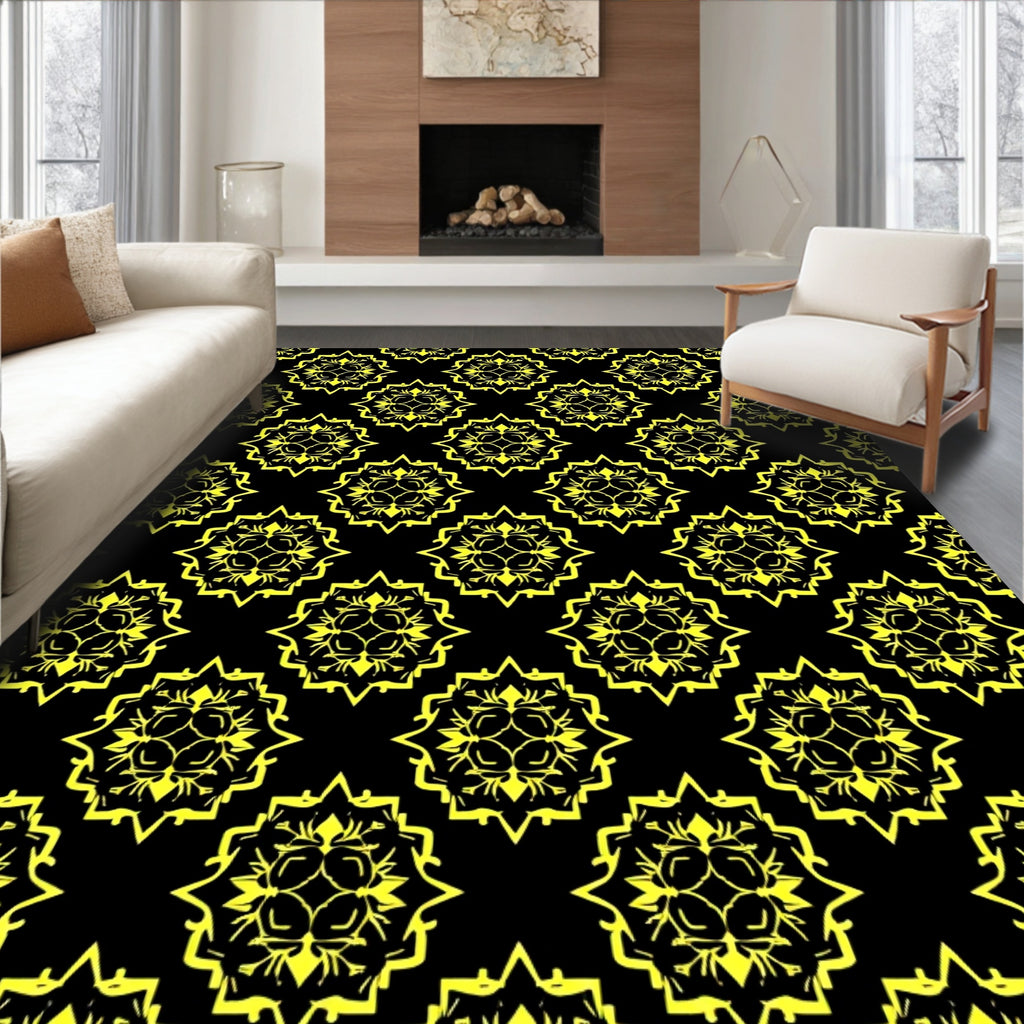 Mandala Yellow Black Repeating Medallion Rug