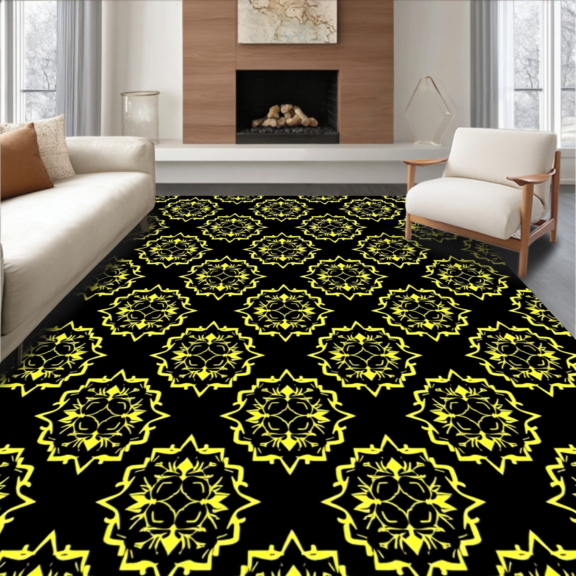 Mandala Yellow Black Repeating Medallion Rug