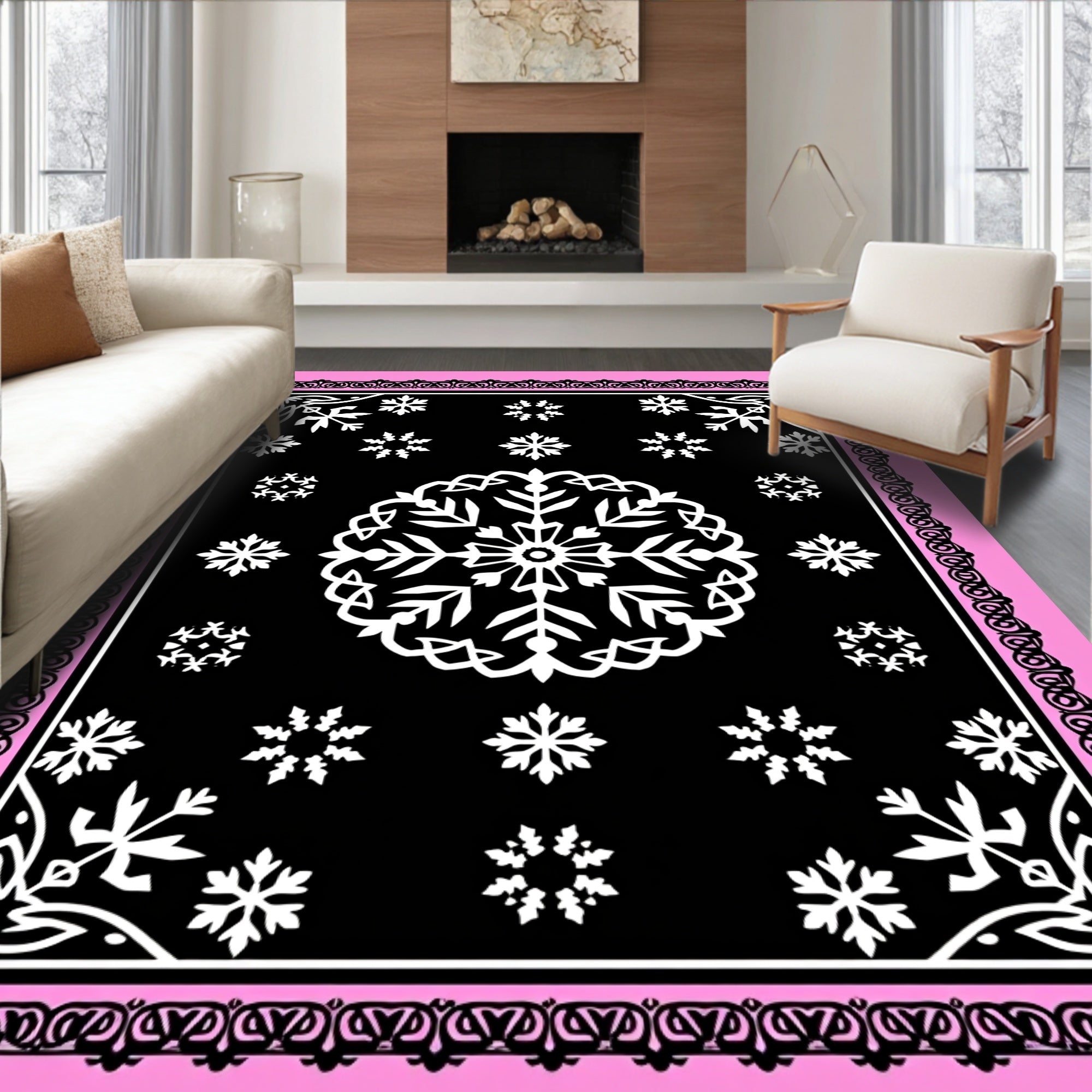 Black Pink Snowflake Medallion Border Rug