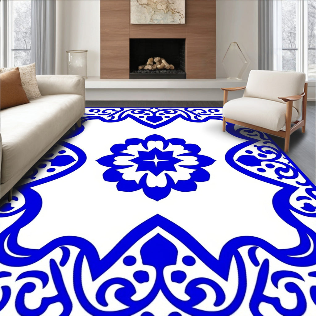 Bold Blue Floral Medallion Design Rug