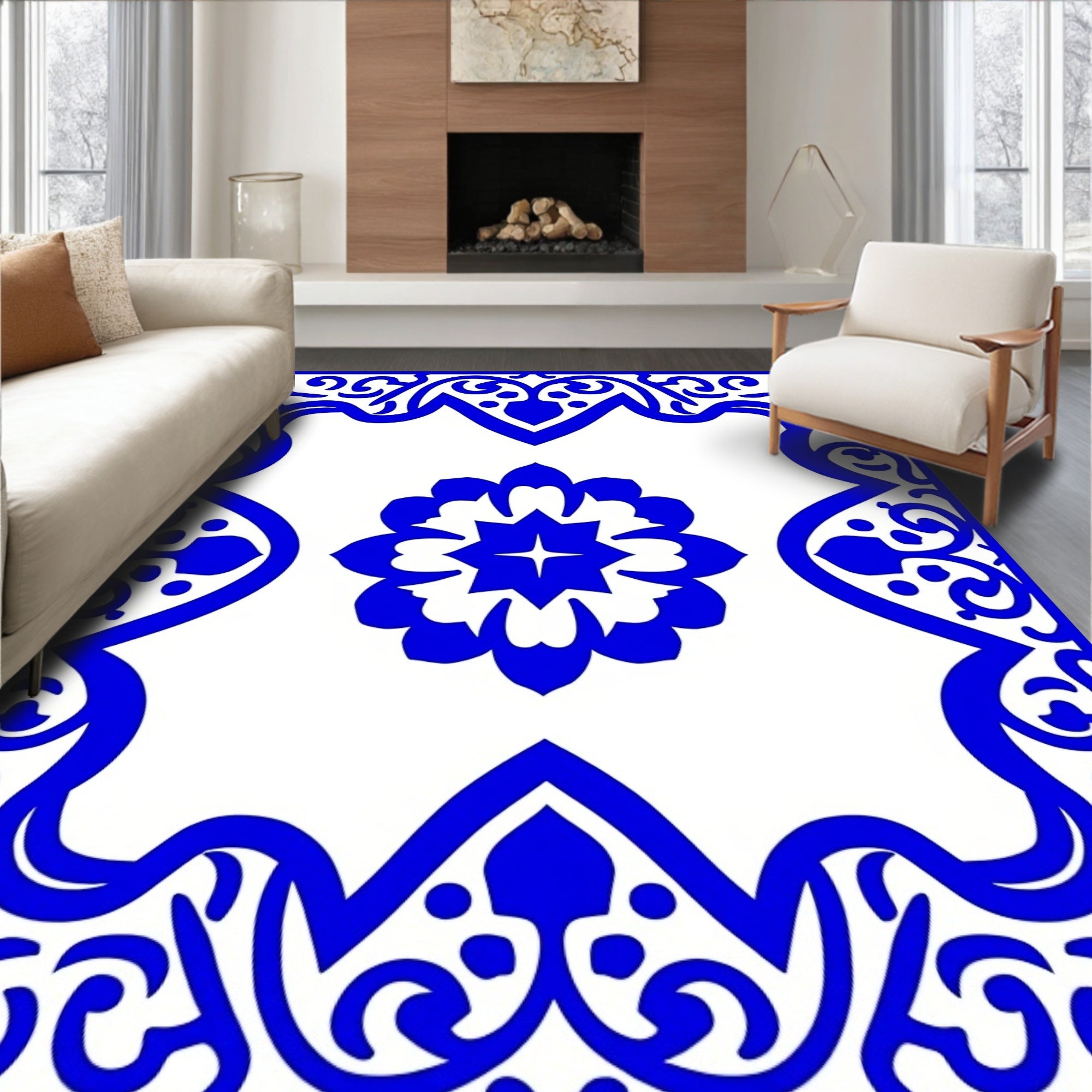 Bold Blue Floral Medallion Design Rug