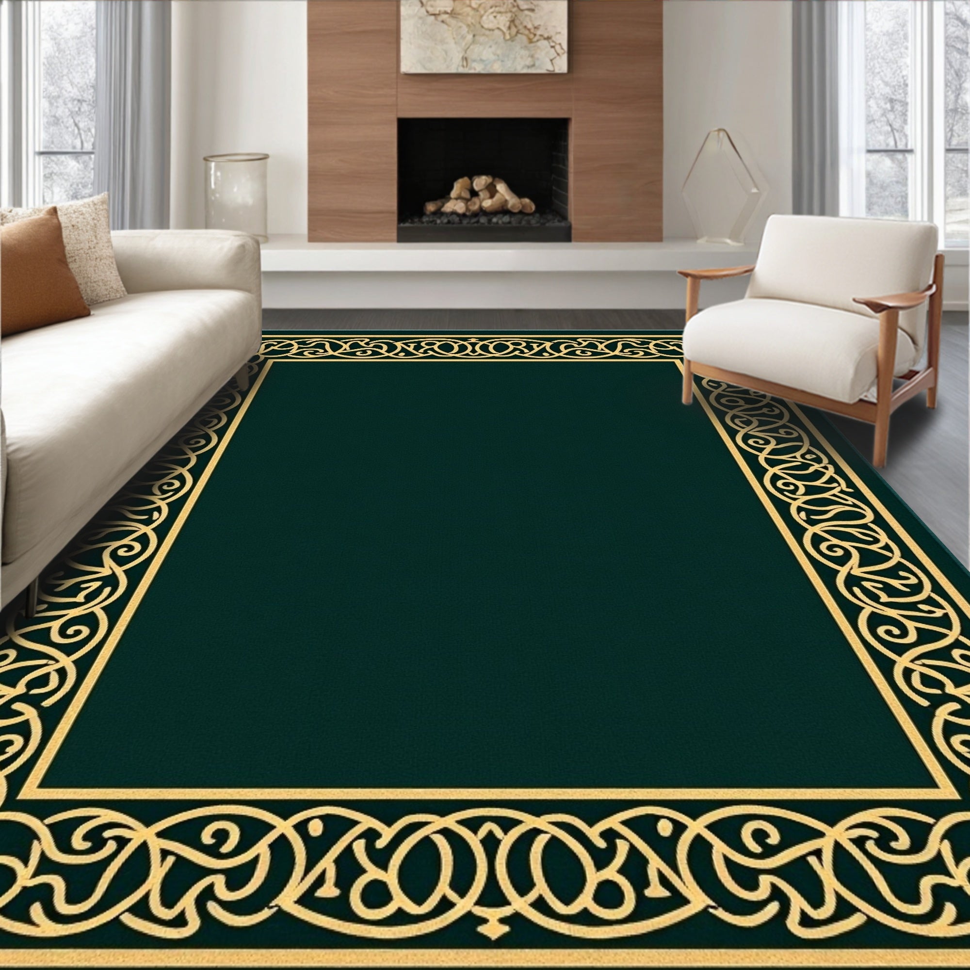 Ornate Green Gold Border Rug