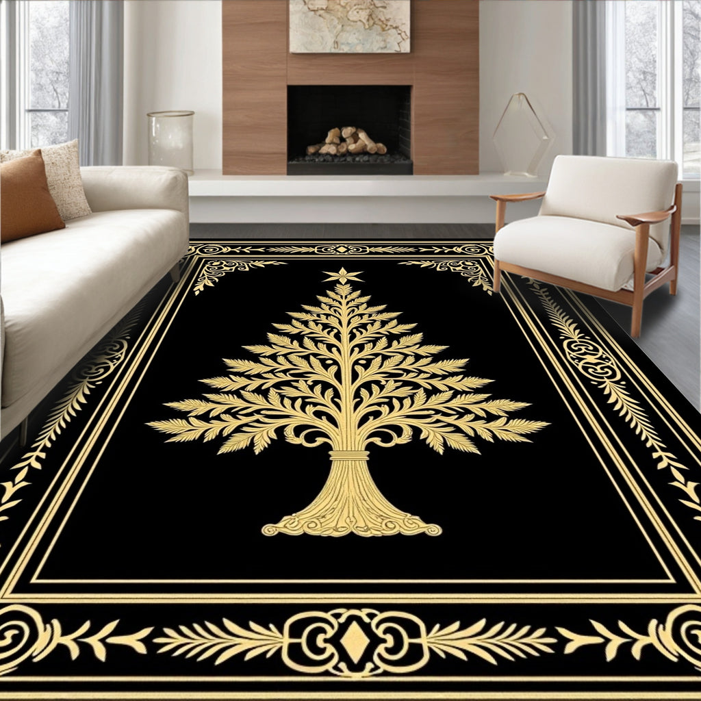 Golden Christmas Tree Ornate Border Rug