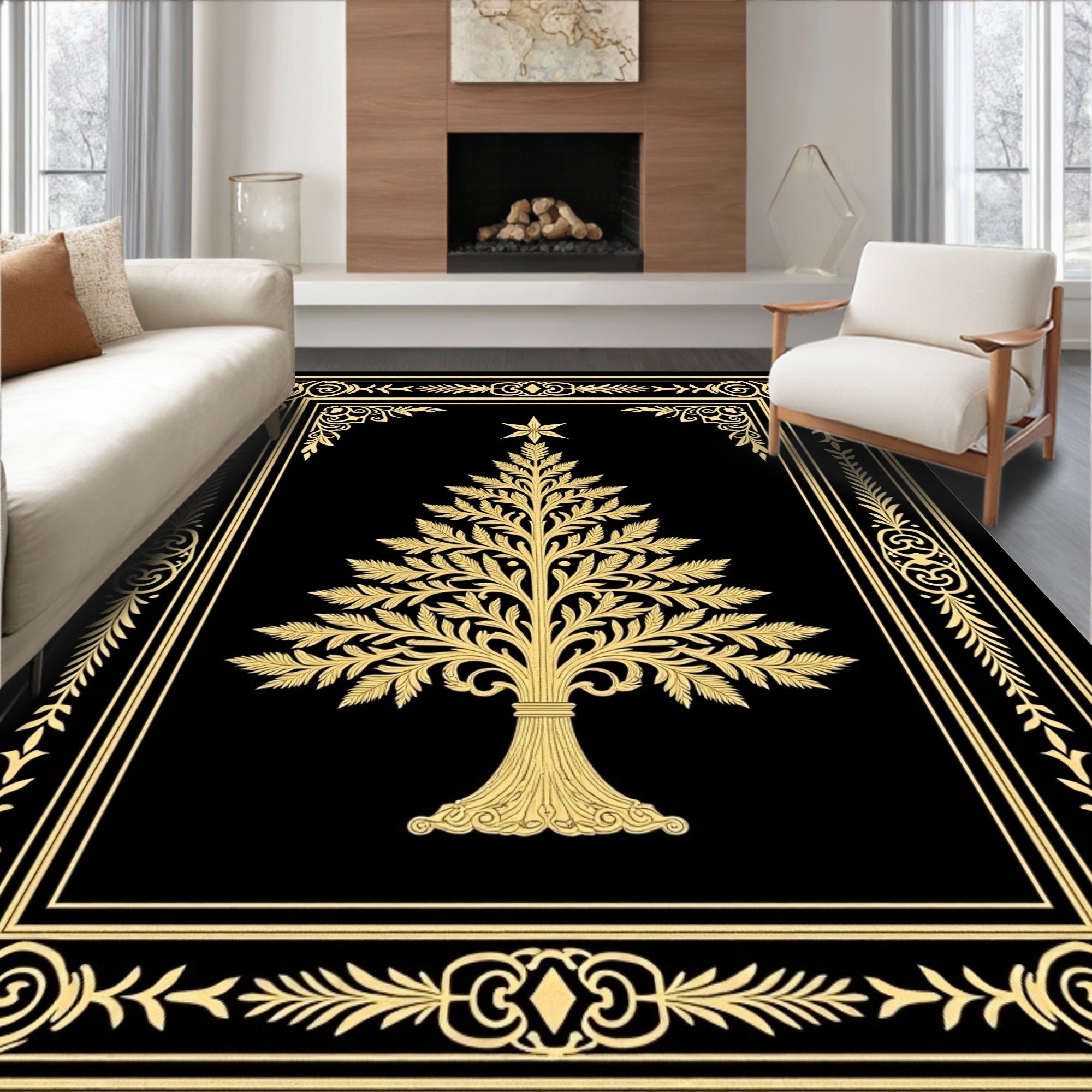 Golden Christmas Tree Ornate Border Rug