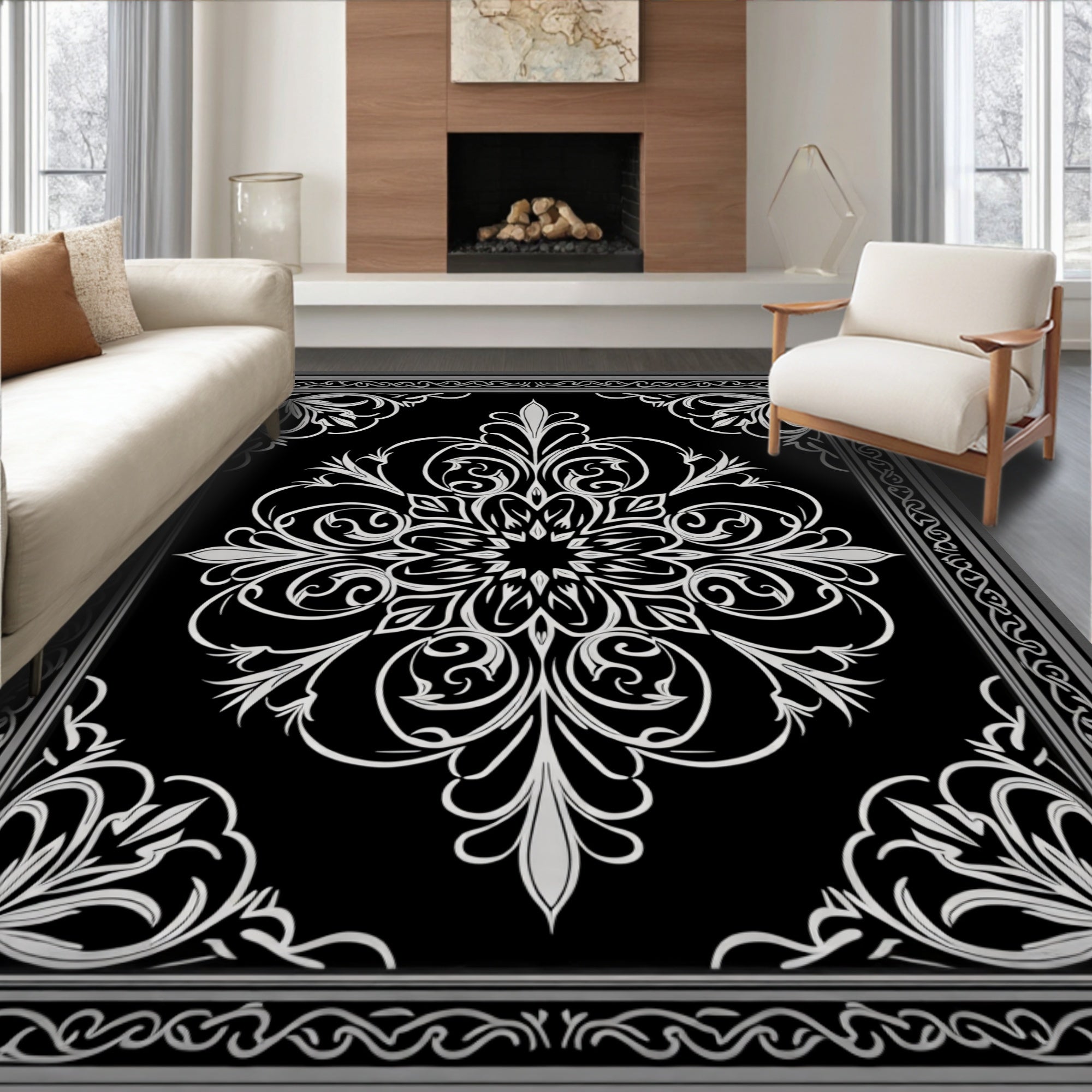 Elegant Black White Floral Scroll Rug