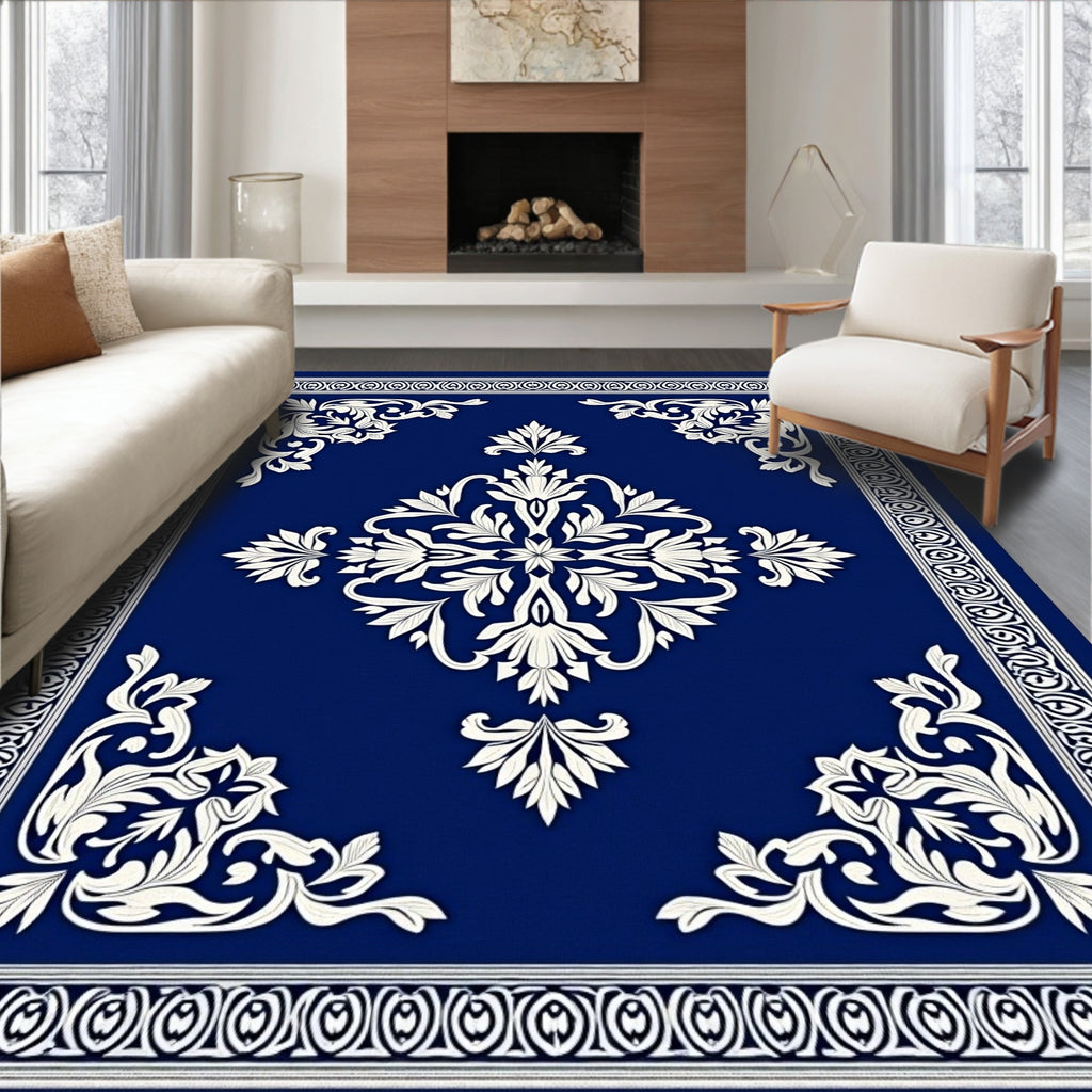 Ornate White Floral Royal Blue Rug