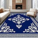 Ornate White Floral Royal Blue Rug