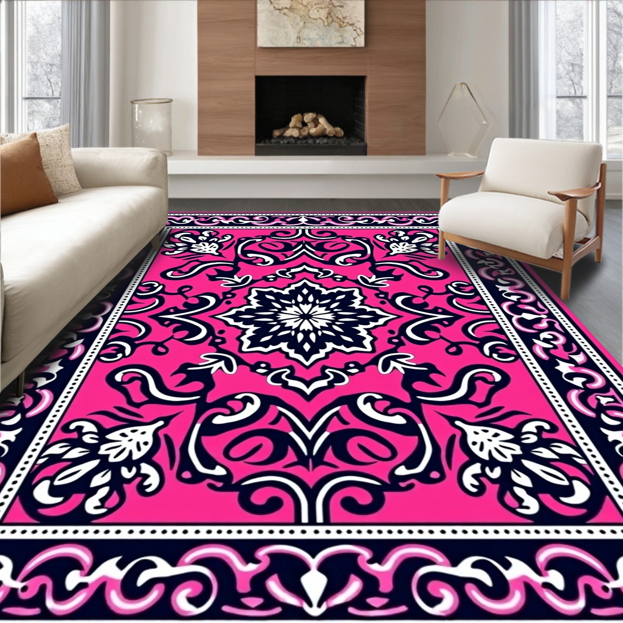 Vibrant Pink Mandala Floral Design Rug