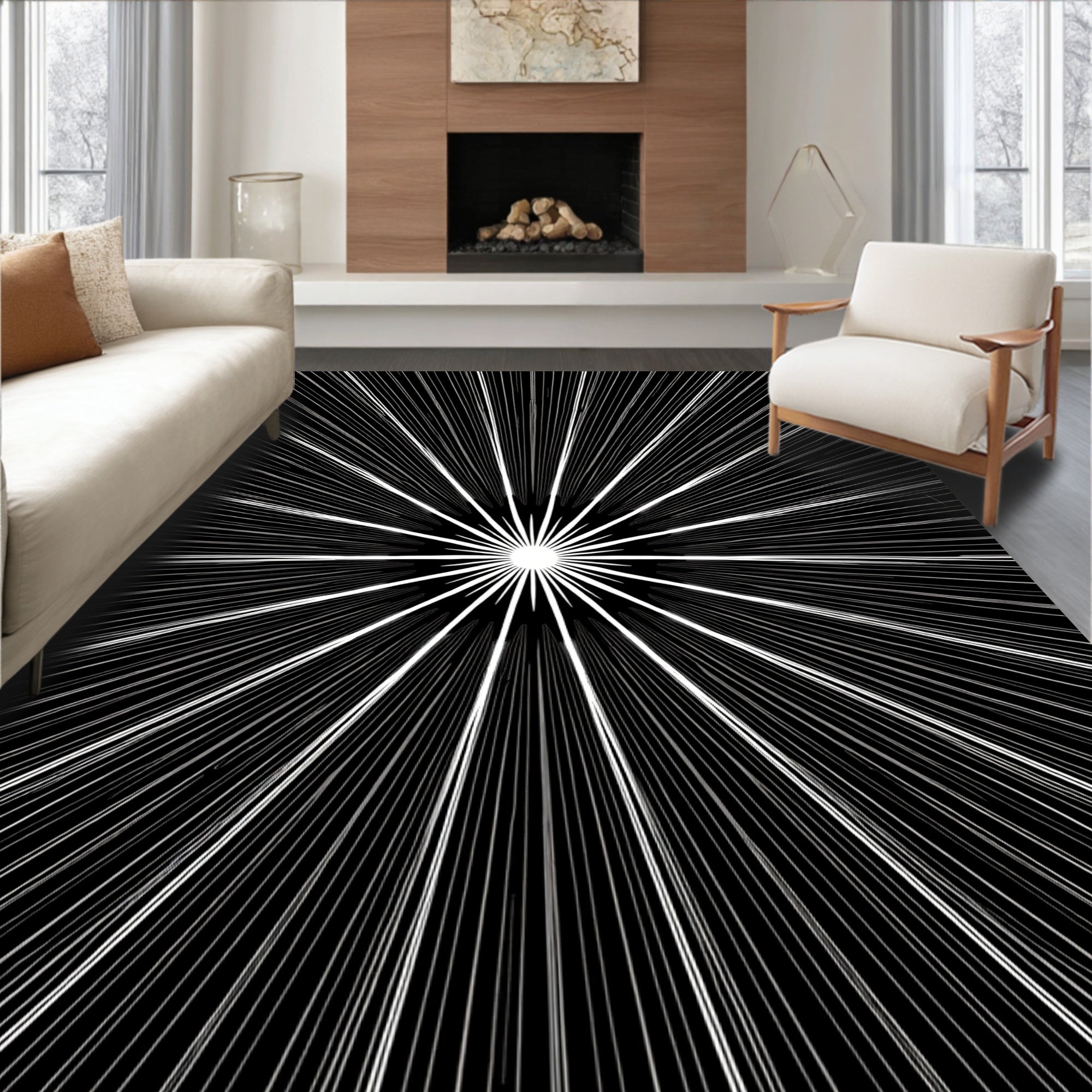 Radiant Burst Black White Graphic Rug
