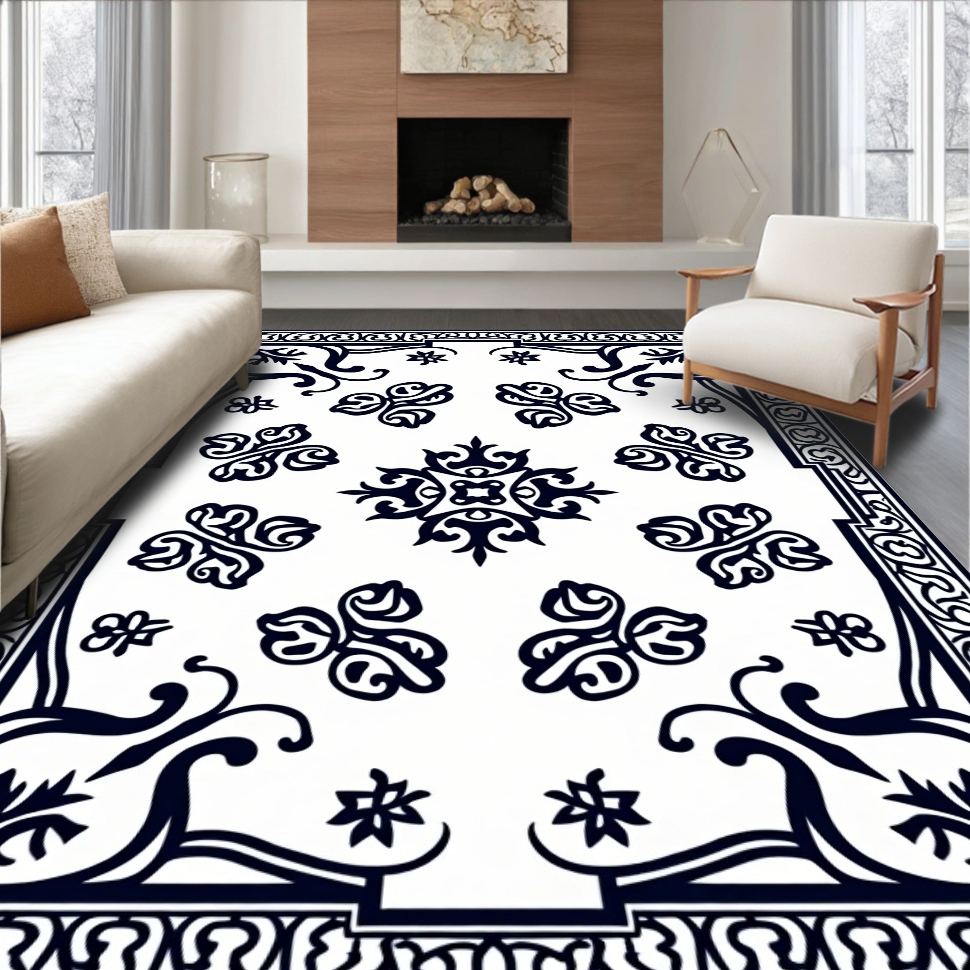 Bold Black Contemporary Floral Pattern Rug