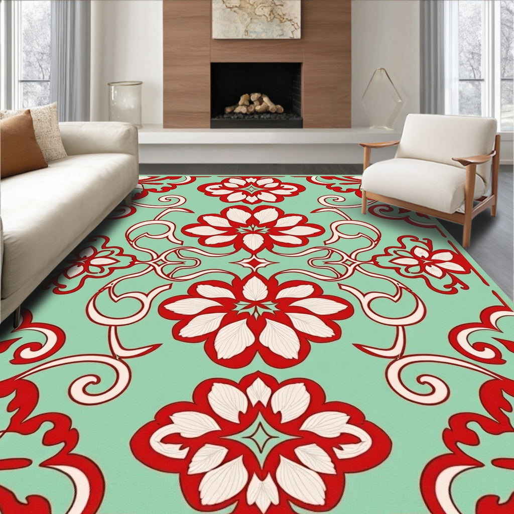 Vibrant Red Floral Swirl Pattern Rug
