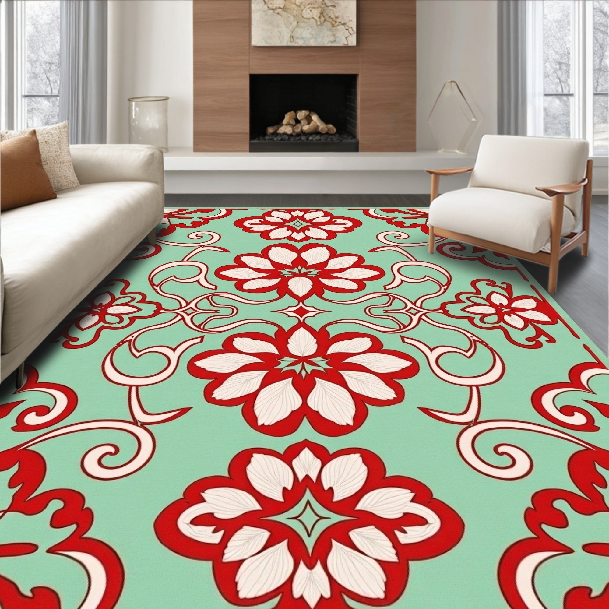Vibrant Red Floral Swirl Pattern Rug