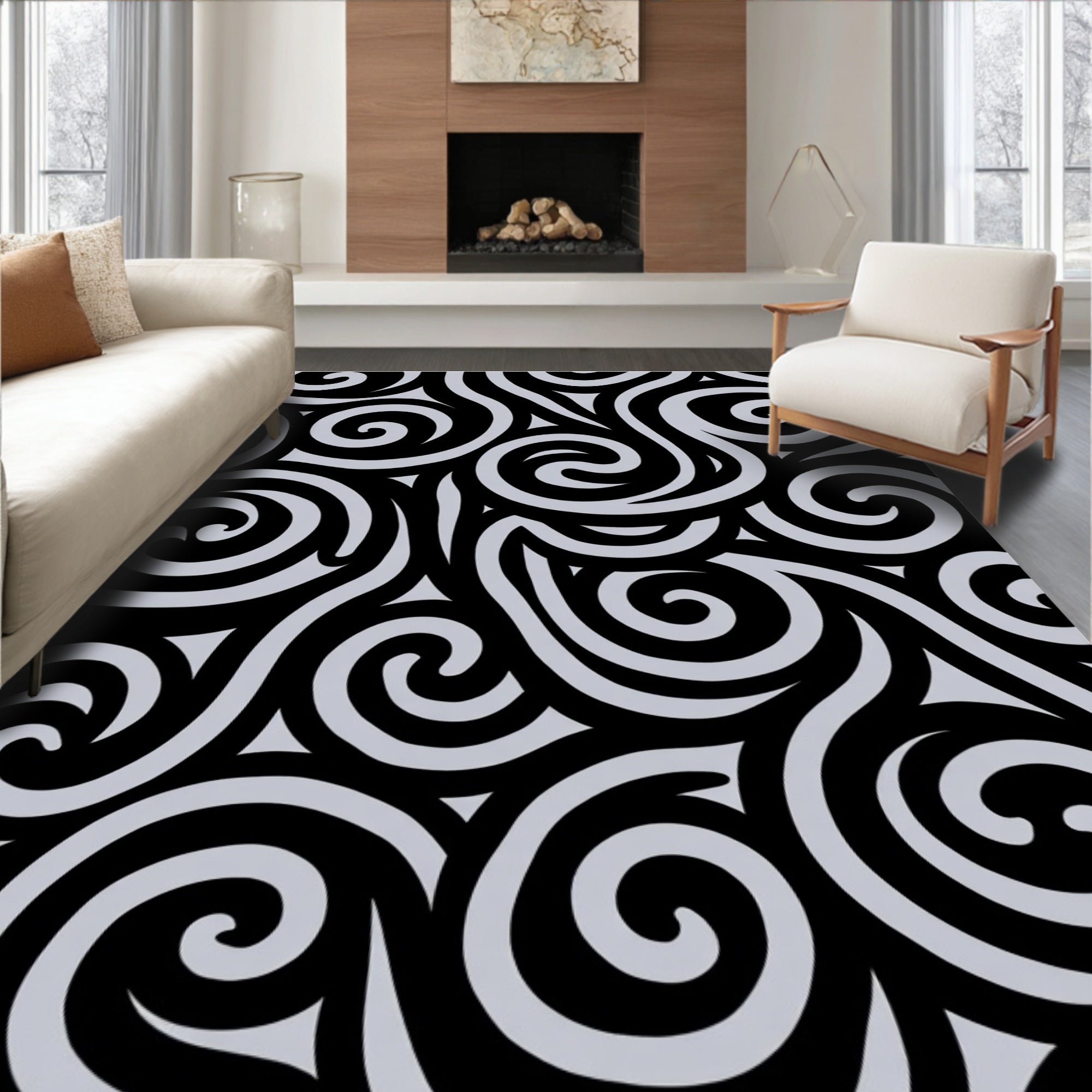 Black Grey Swirl Pattern Rug