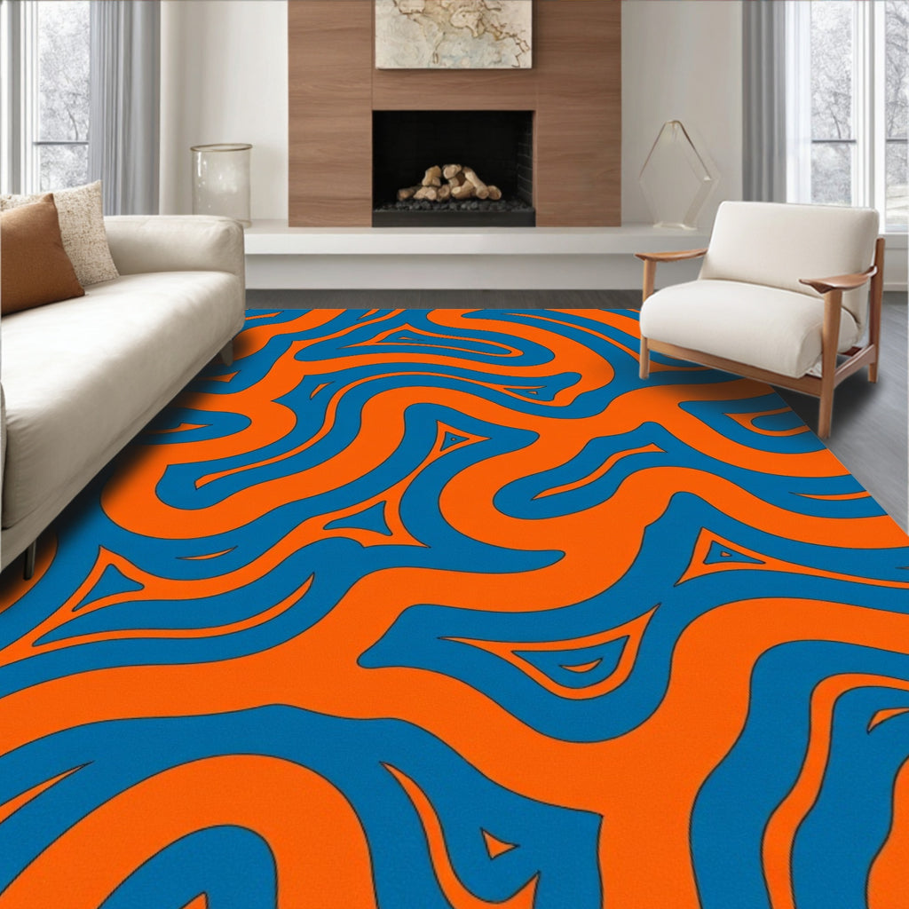 Orange and Blue Abstract Wavy Pattern Rug