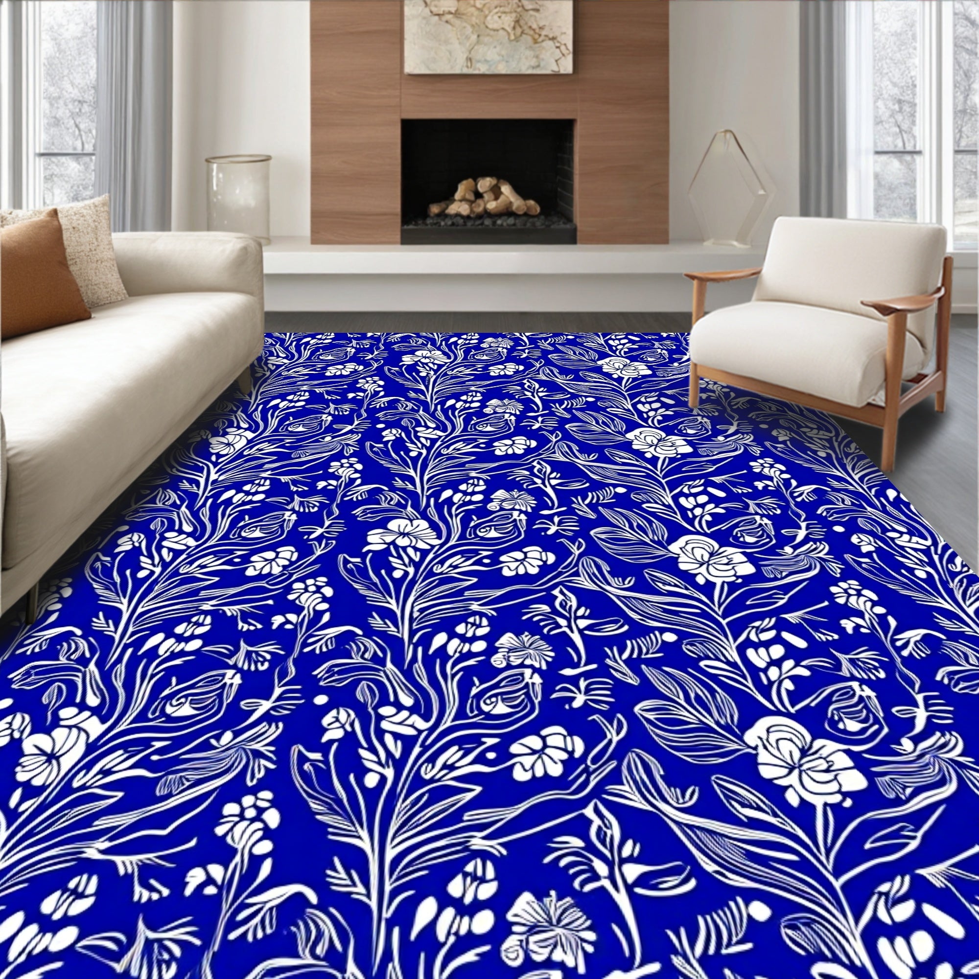 Classic Blue Floral Vine Pattern Rug
