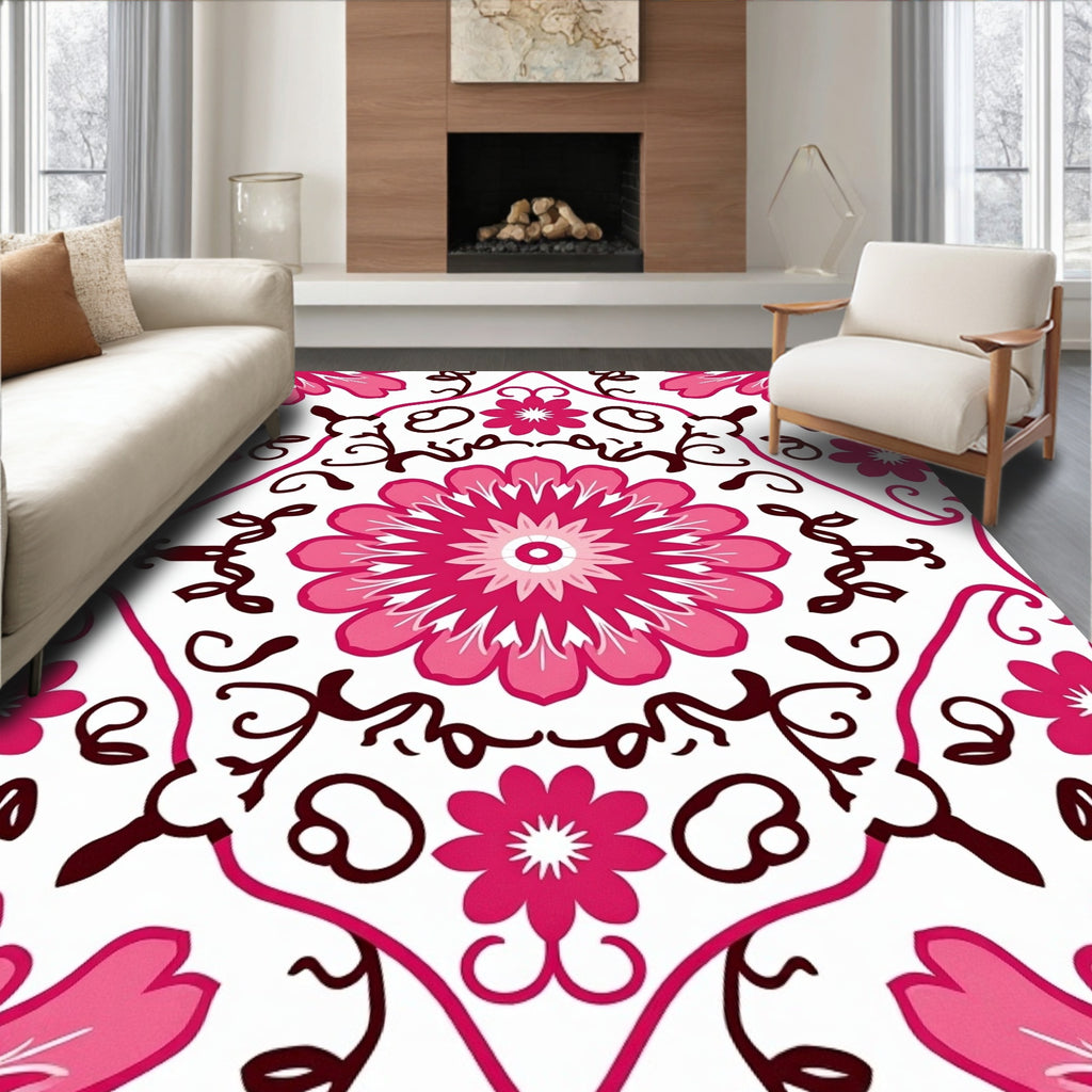 Bold Floral Pink White Medallion Design Rug