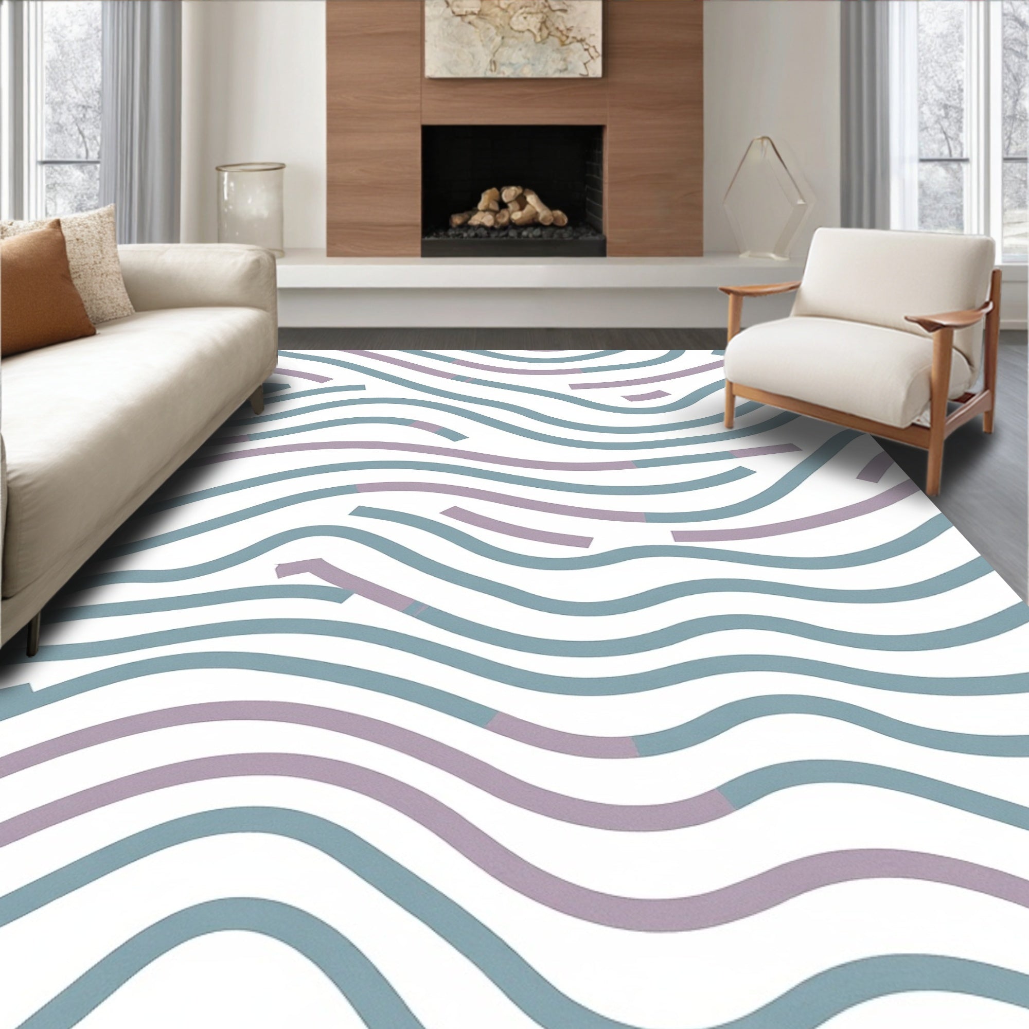 Wavy Teal Mauve Line Design Rug
