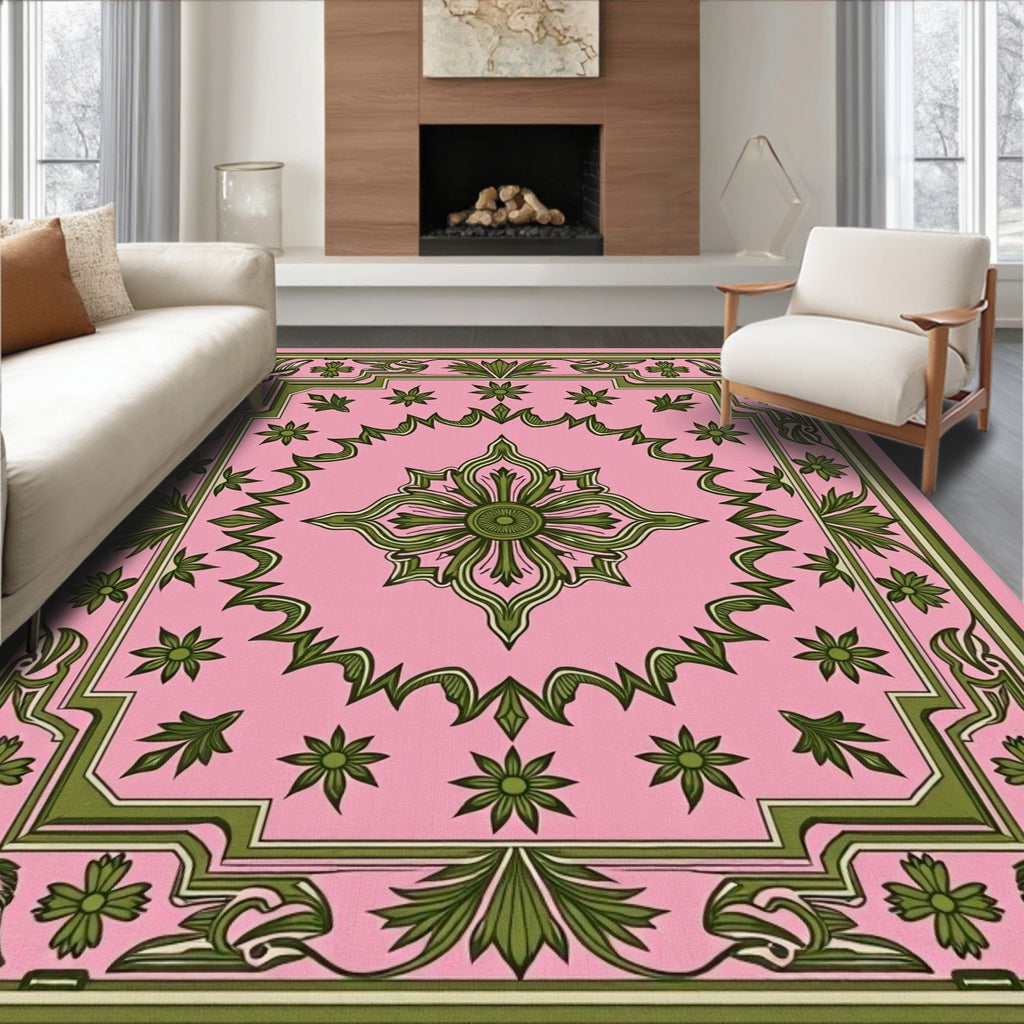 Pink Floral Patterned Art Deco Rug