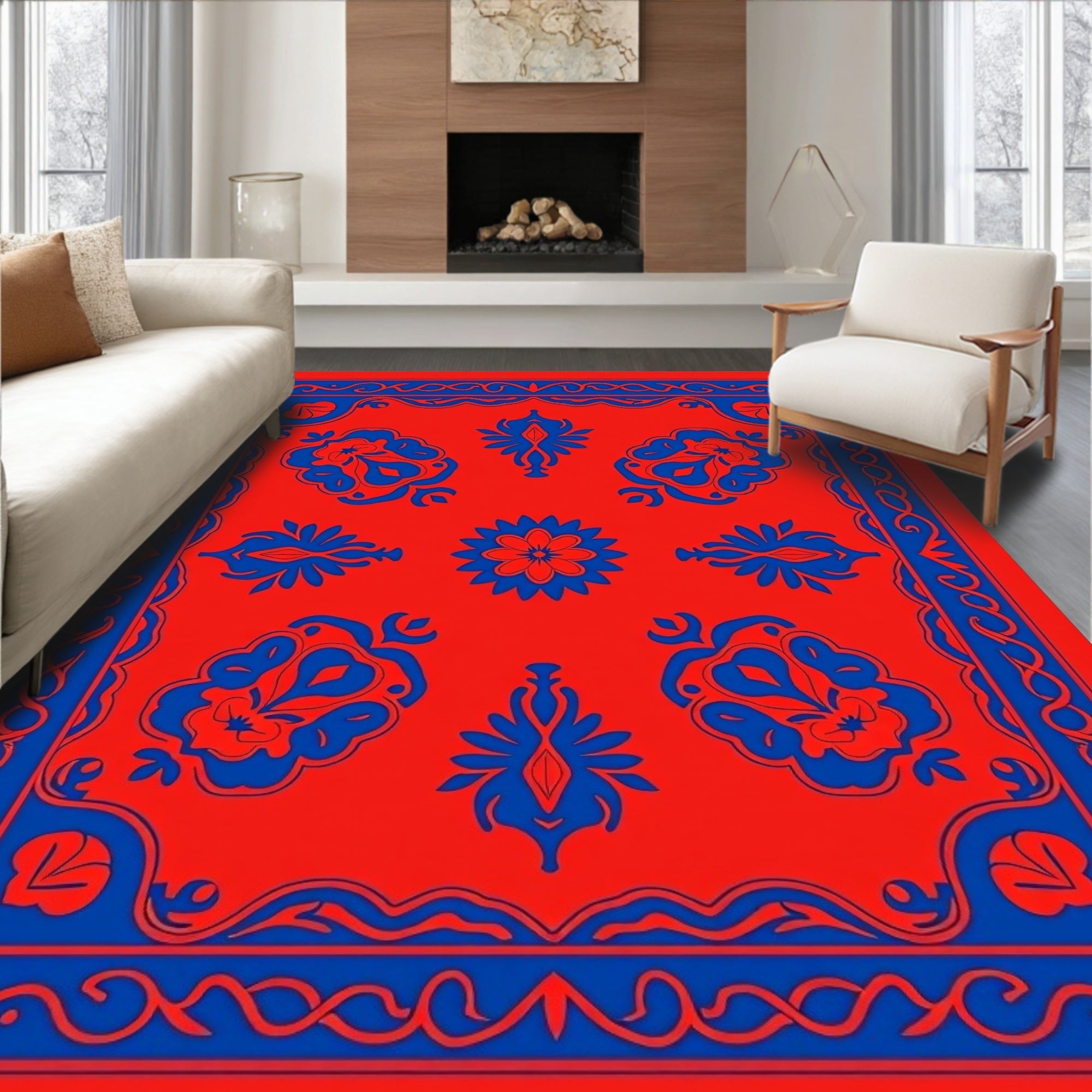 Bold Red Blue Floral Symmetry Rug