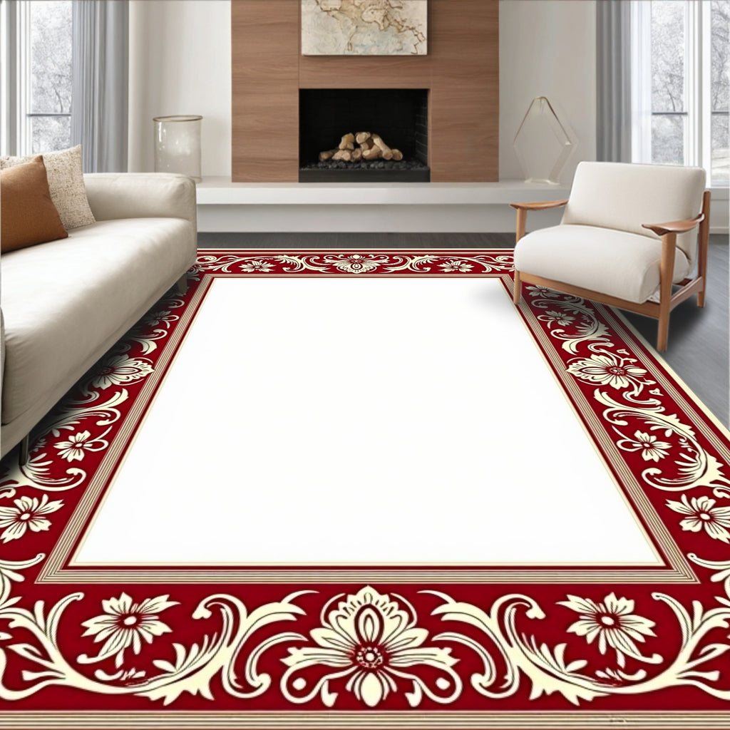 Regal Red Floral Scroll Border Rug