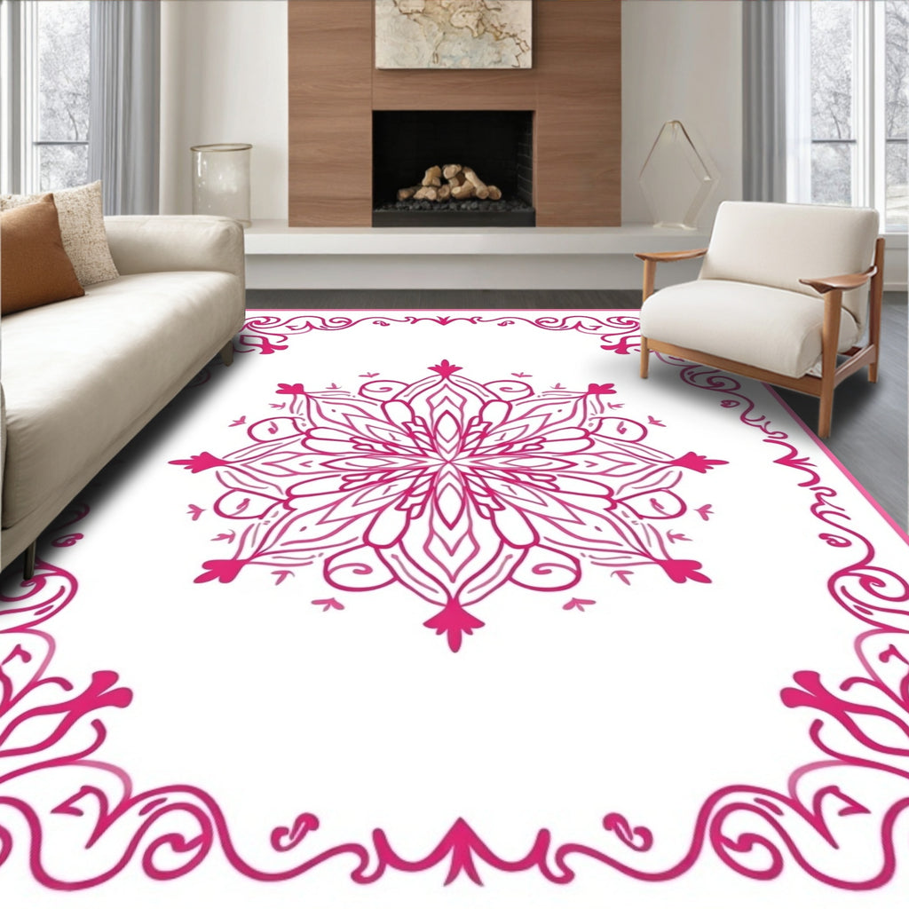 Ornate Pink Floral Mandala Design Rug
