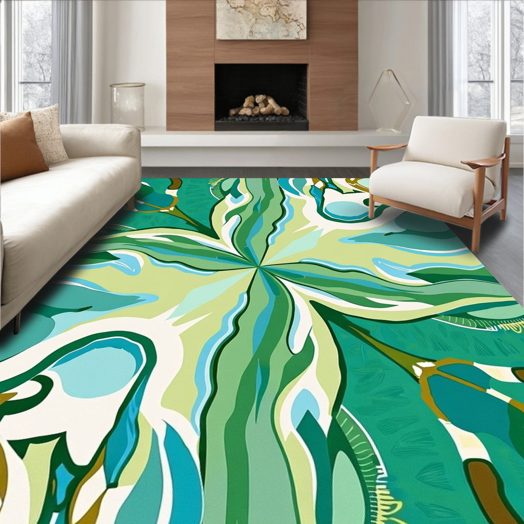 Abstract Green Leafy Flow Pattern Rug
