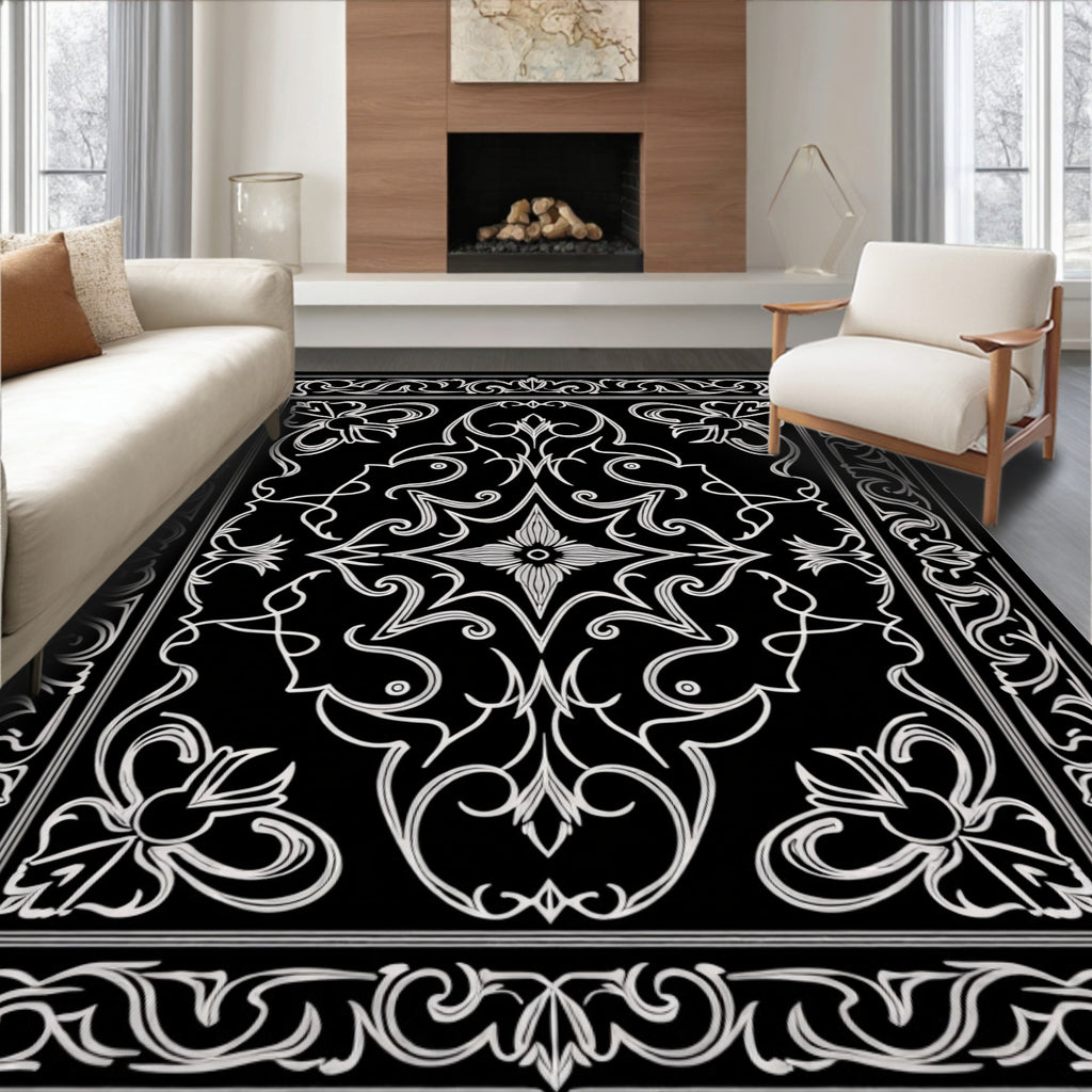 Ornate Floral Scrollwork Black Rug