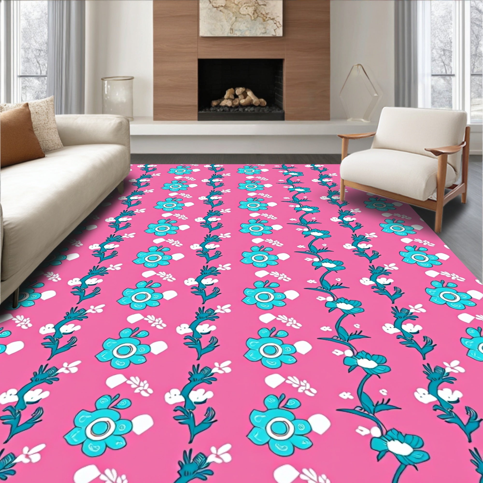 Vibrant Teal Floral Vine Pattern Rug