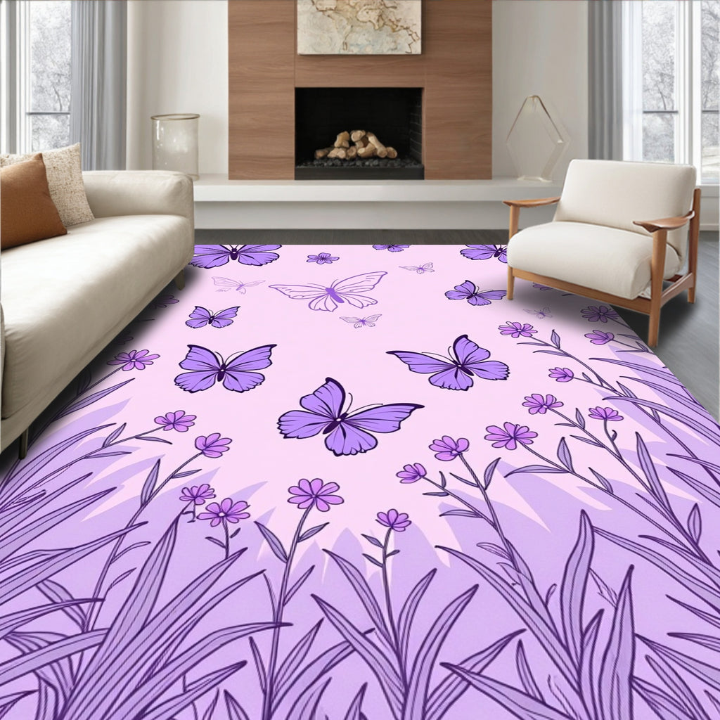 Purple Butterflies Floral Meadow Design Rug