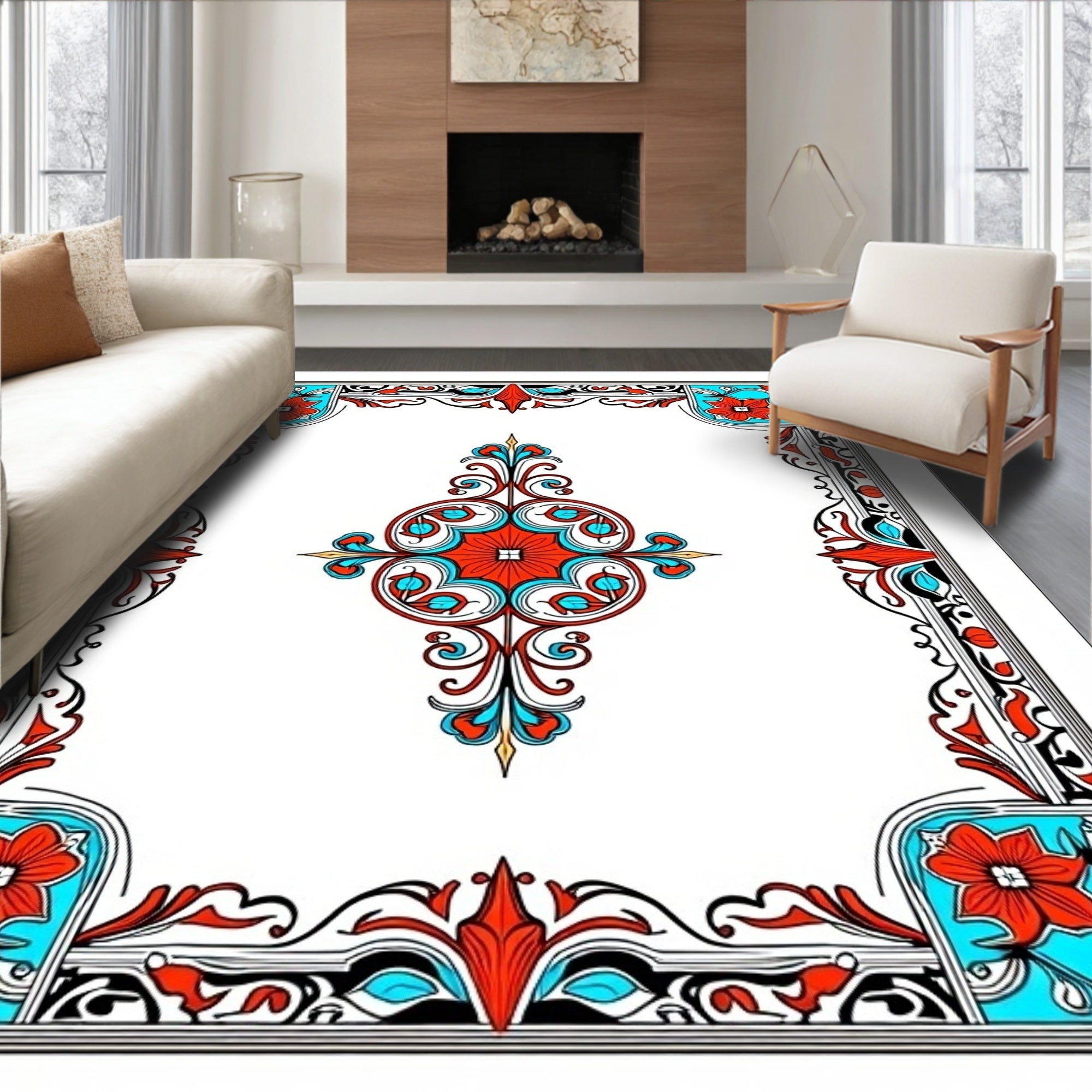 Vibrant Floral Scrollwork Centerpiece Rug