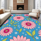 Pink Daisy Pattern With Green Leaves Rug
