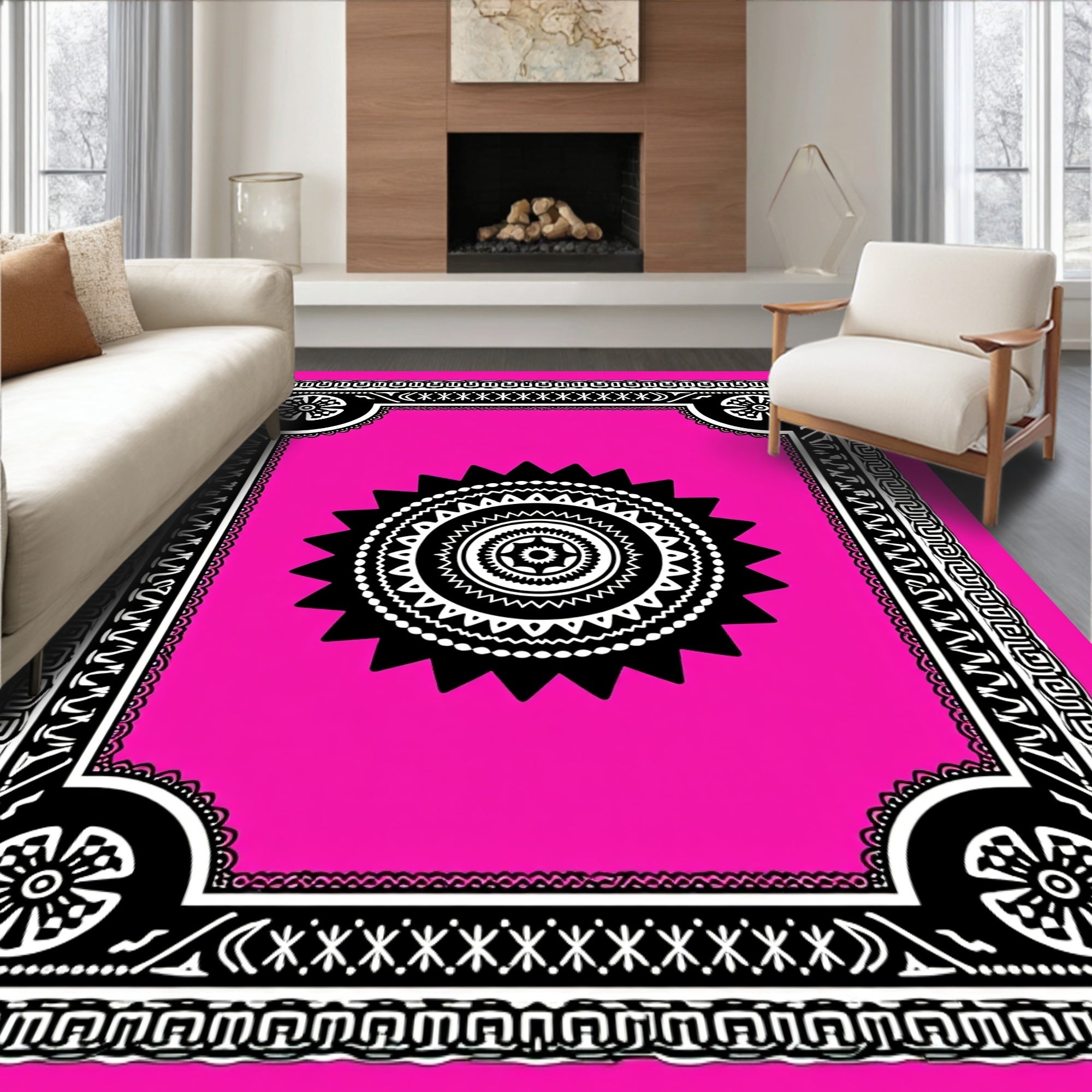 Black Floral Sunburst Tribal Border Rug