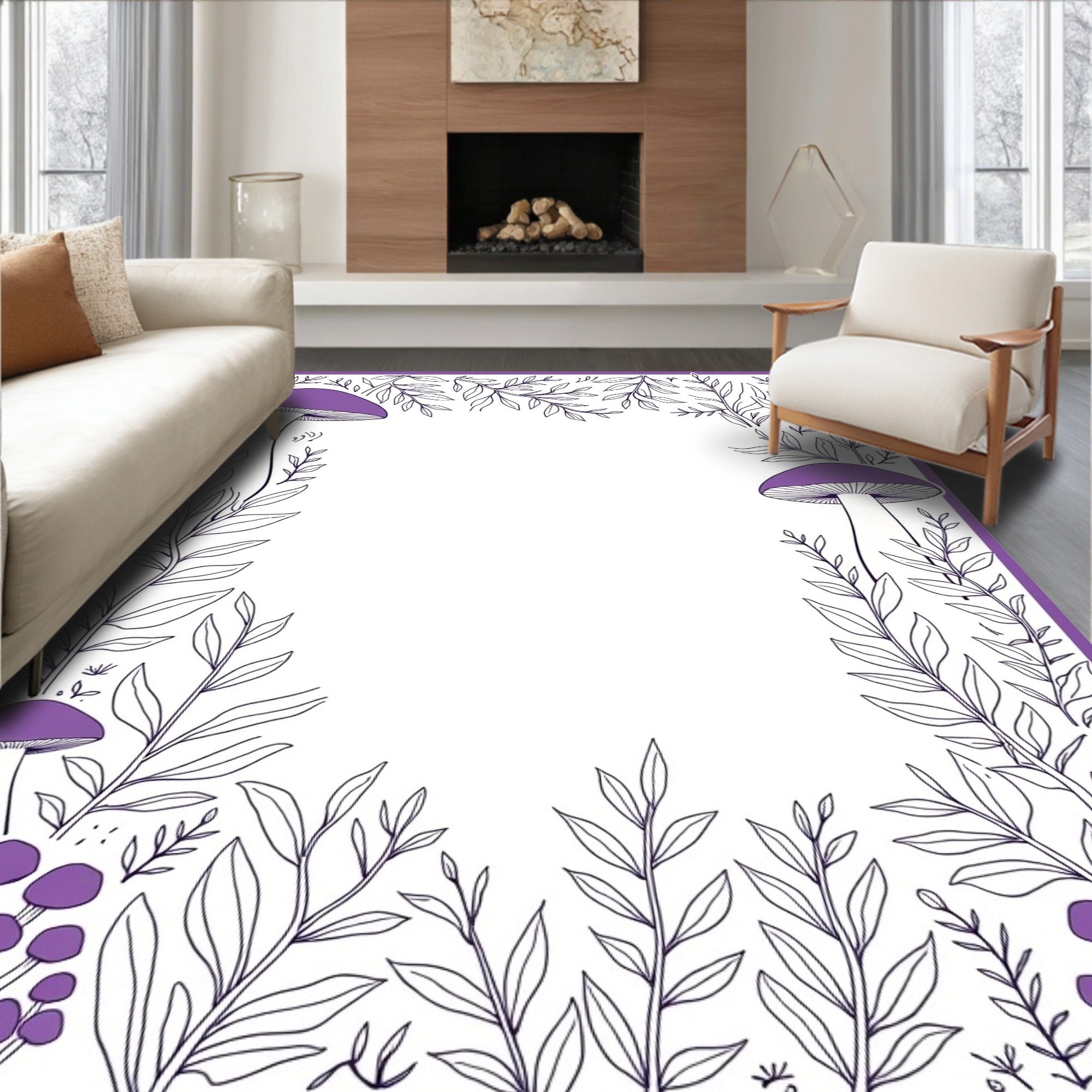 Purple Mushroom Leaf Border Design Rug